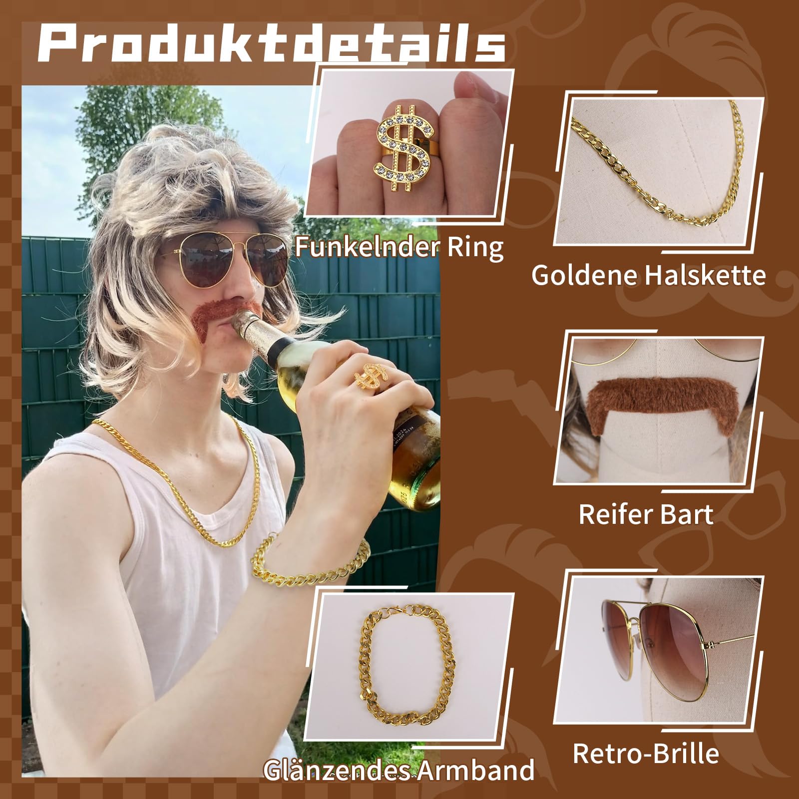 GADITIEK 80er Jahre Outfit Herren 6er Set, Vokuhila Perücke Herren, 80er Jahre Accessoires Männer, 70er 80er 90er Zuhälter Kostüm Disco Party Kleidung