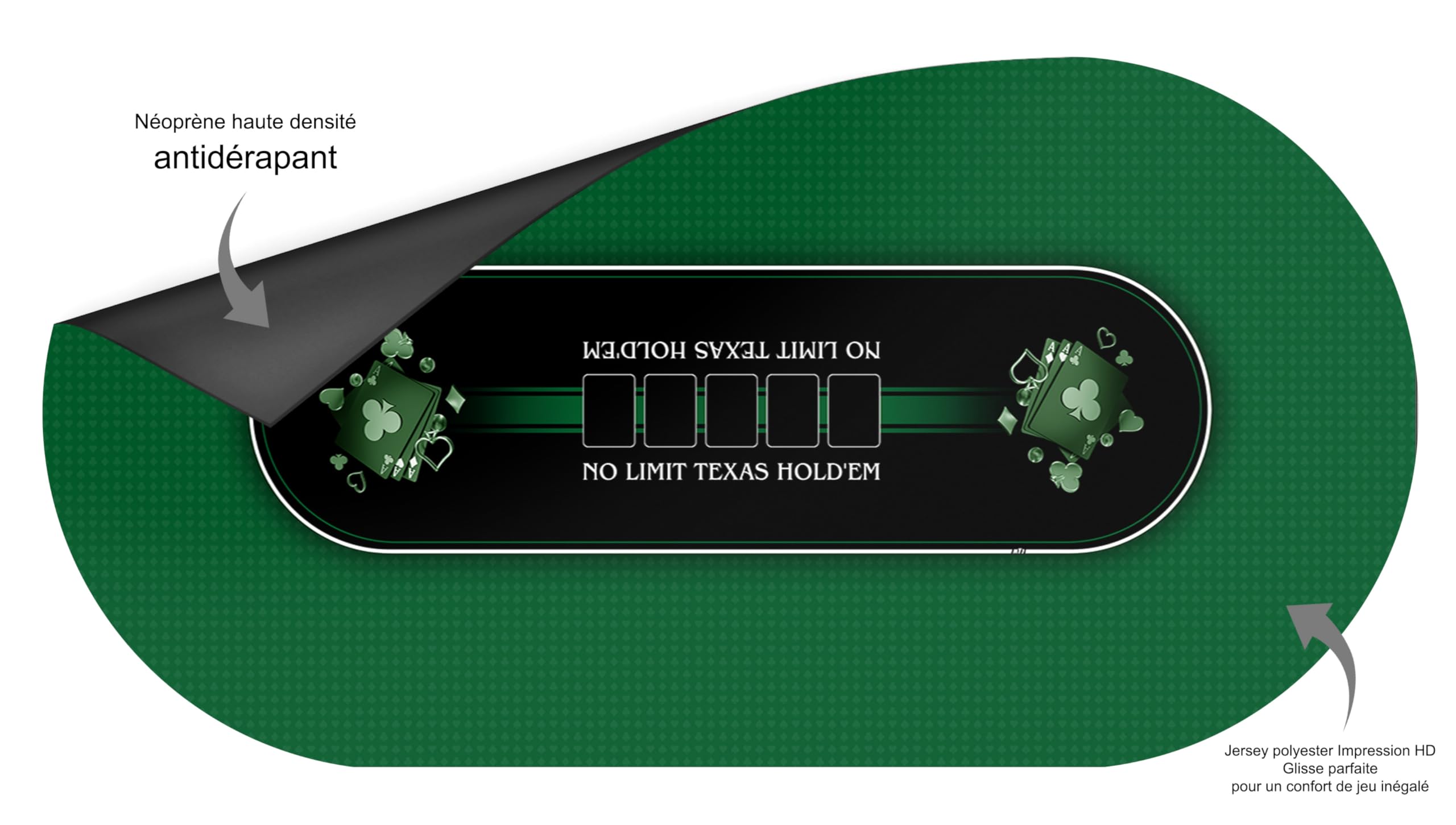 MTJ Pokermatte Texas Holdem Prestige – Oberfläche aus Jersey – rutschfest – hergestellt in Frankreich (Grün, oval, Freiplatz: 180 x 90 cm)
