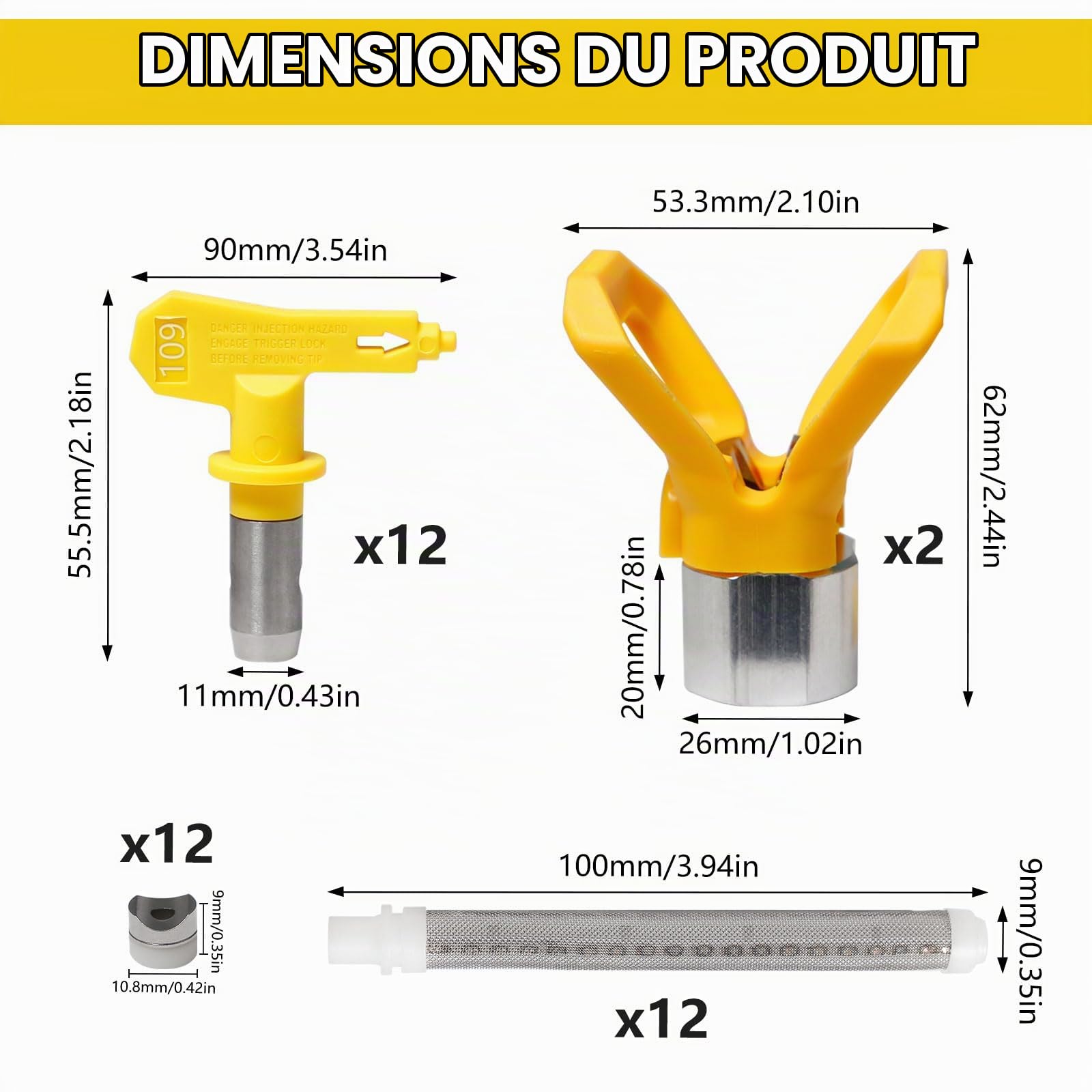 12 Pièce Buse Airless 2 Sièges de Buses 12 Filtres pour Pistolet à Peinture | Airles Buses de Pulvérisation Sans Air pour Pulvérisateurs Peinture(109,111,209,211,311,315,411,415,515,517,621,623)