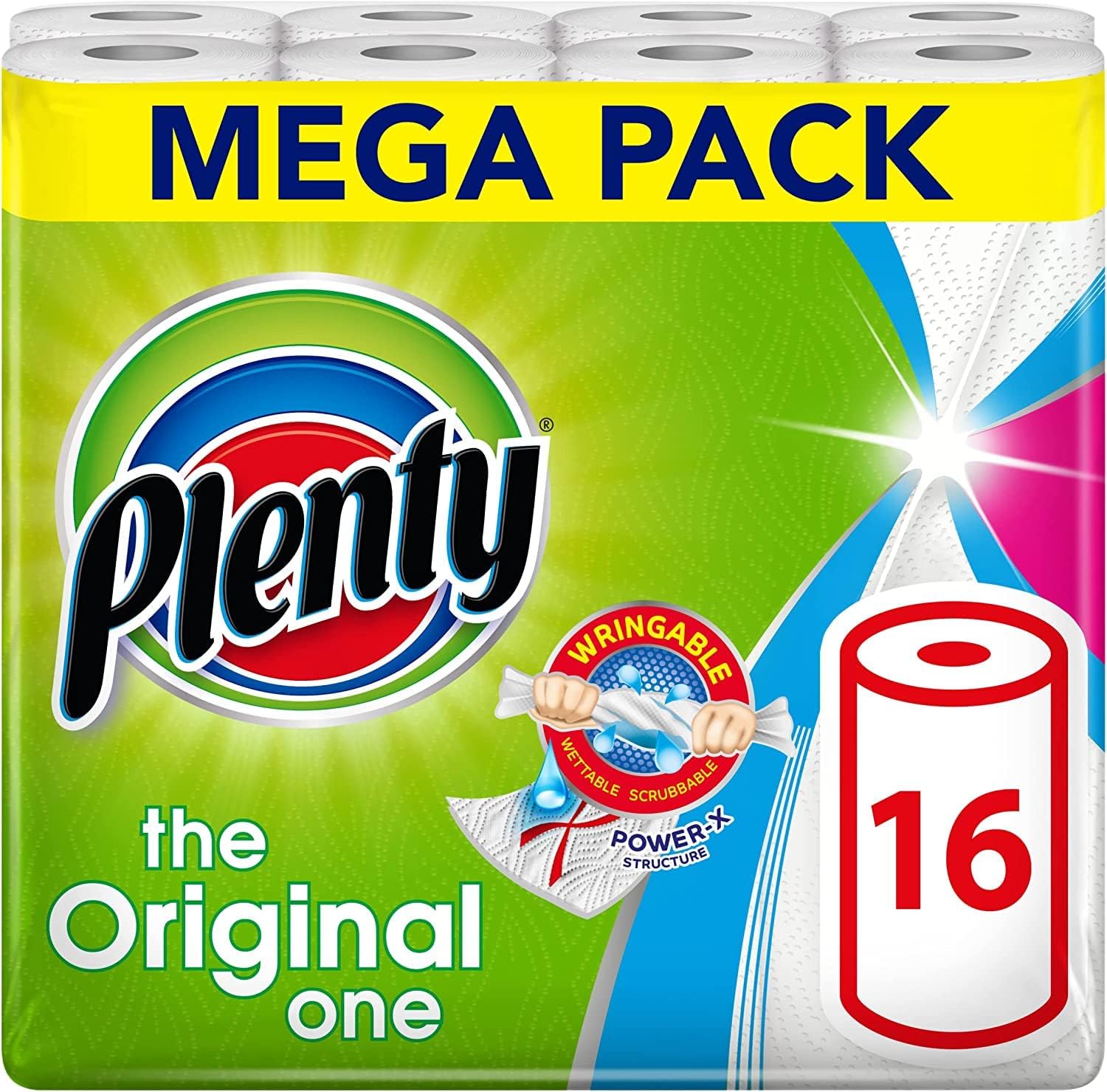 Kitchen Towel, 16 White Rolls, 1600 Sheets of Kitchen Roll, 2-Ply Tissue