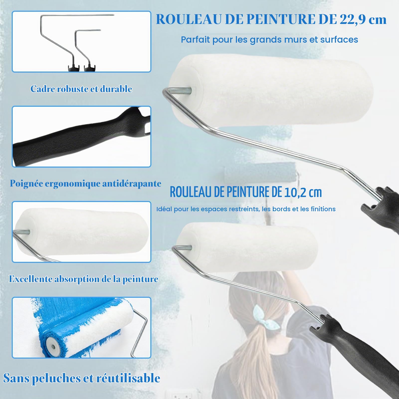 Qivine Kit de Rouleau Peinture avec Tige Télescopique, 20 Pièces Petit Rouleau Peinture Kit, Rouleau de 9 inch avec Pinceau, Kit Peinture Mur pour Peindre les Murs, les Bordures et les Plafonds