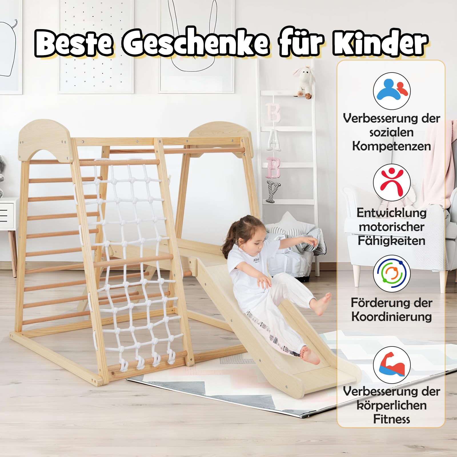 DREAMADE Klettergerüst Indoor Kletterspielzeug mit Rutsche Kletterleiter Kletternetz Affenstange, Spielturm Spielplatz Montessori Kletterdreieck aus massivem Kiefernholz für Kinder ab 1 Jahr (Natur)