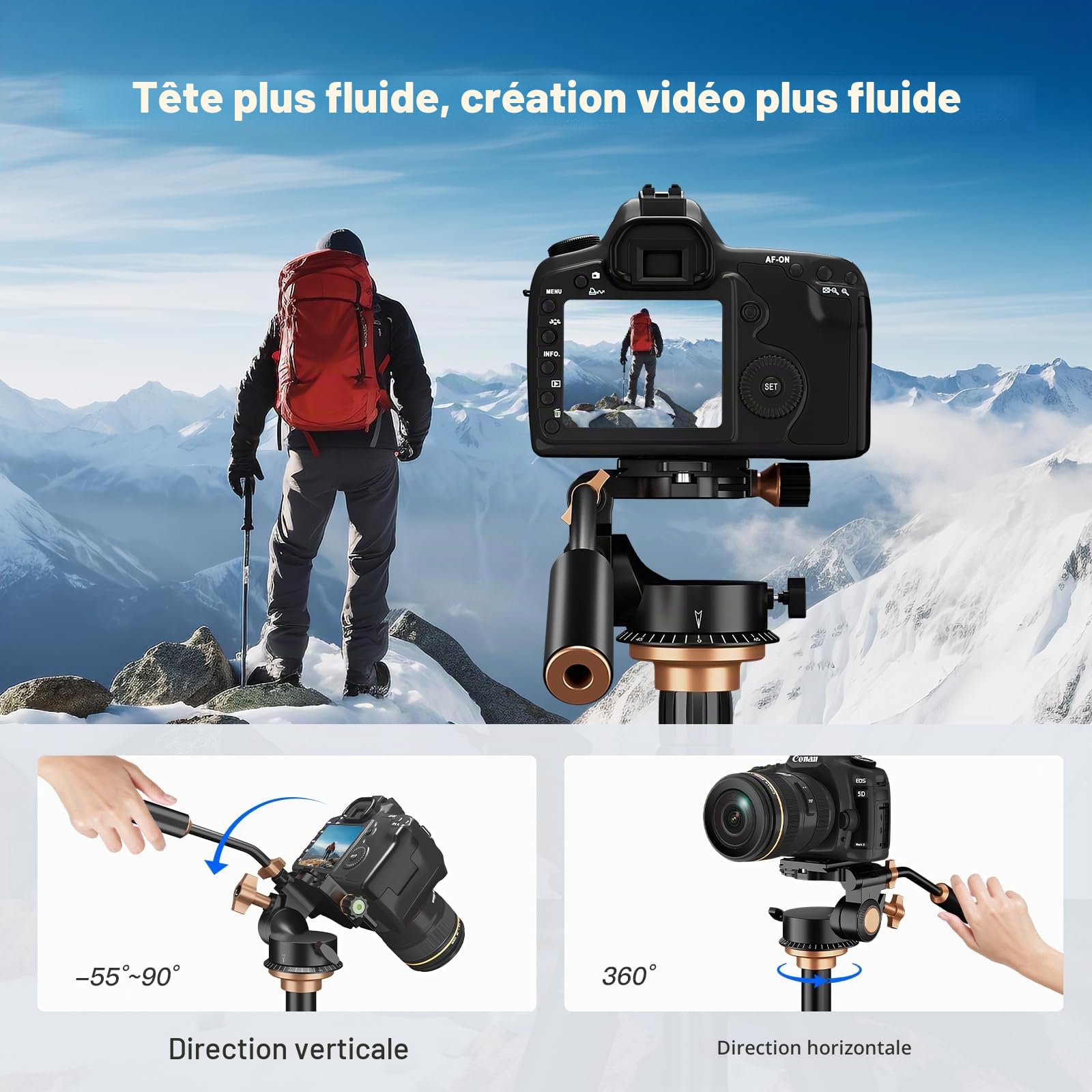 Soonpho Tête Panoramique à Trépied en Alliage Aluminium avec Vis de 1/4" et 3/8", pour DSLR Caméscopes Vidéo Trépied Monopode Supports d'éclairage et curseurs de caméra, Charge jusqu'à 18 kilogrammes