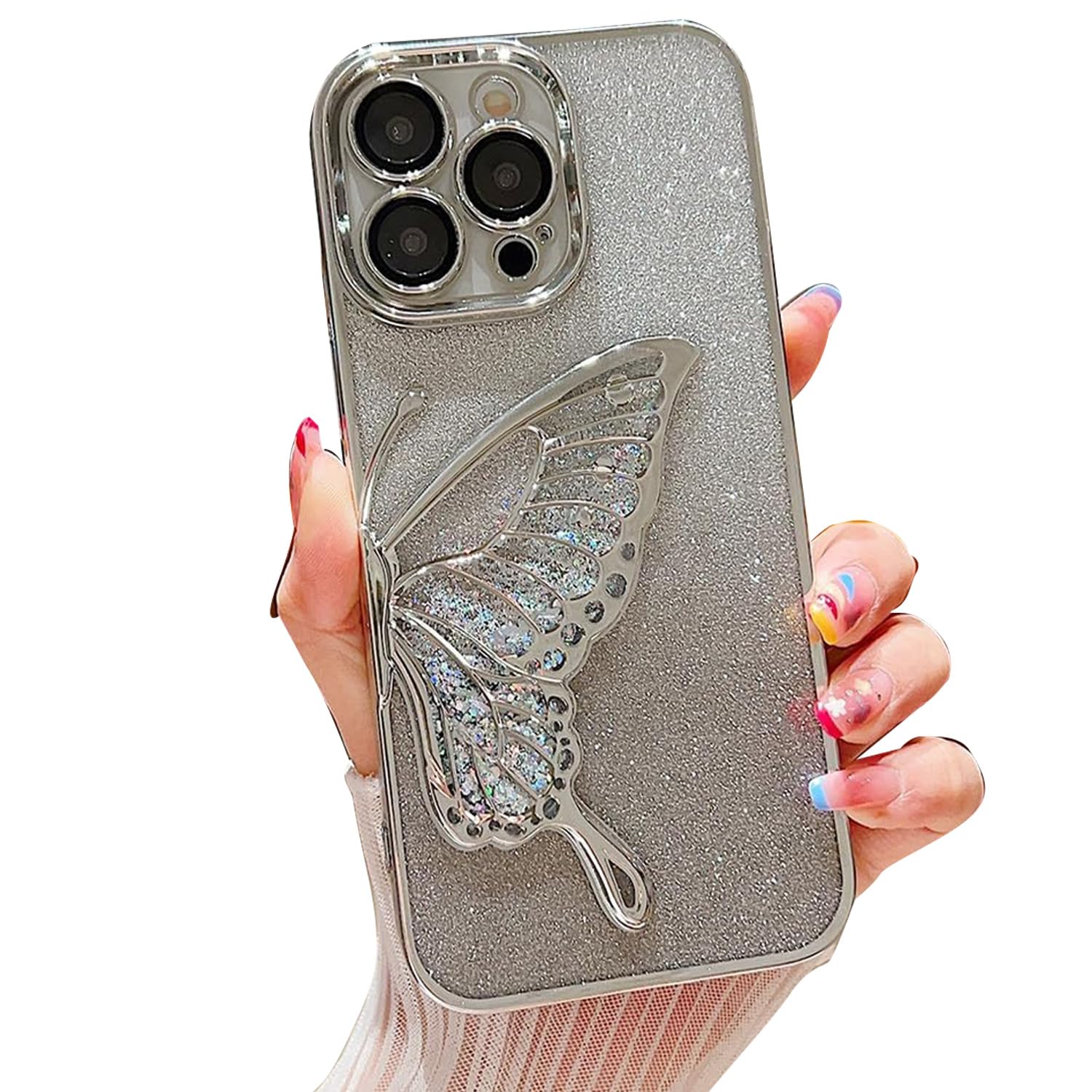 mobistyle Silicone Designed For iPhone 13 Pro Cover With Glitter Cute Butterfly Electroplate Plating Design Back Cover Case For Women Teen Girls (Silver) (B0CNTR9YQ5) Amazon Price History, Amazon Price Tracker