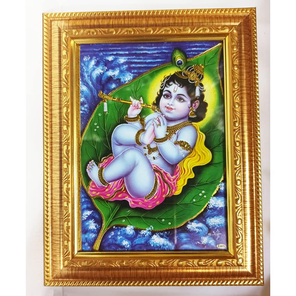 Bal(Baby) Krishna Lying Down on Leaf HD Printed Framed Photo for Pooja Room/Home Decoration