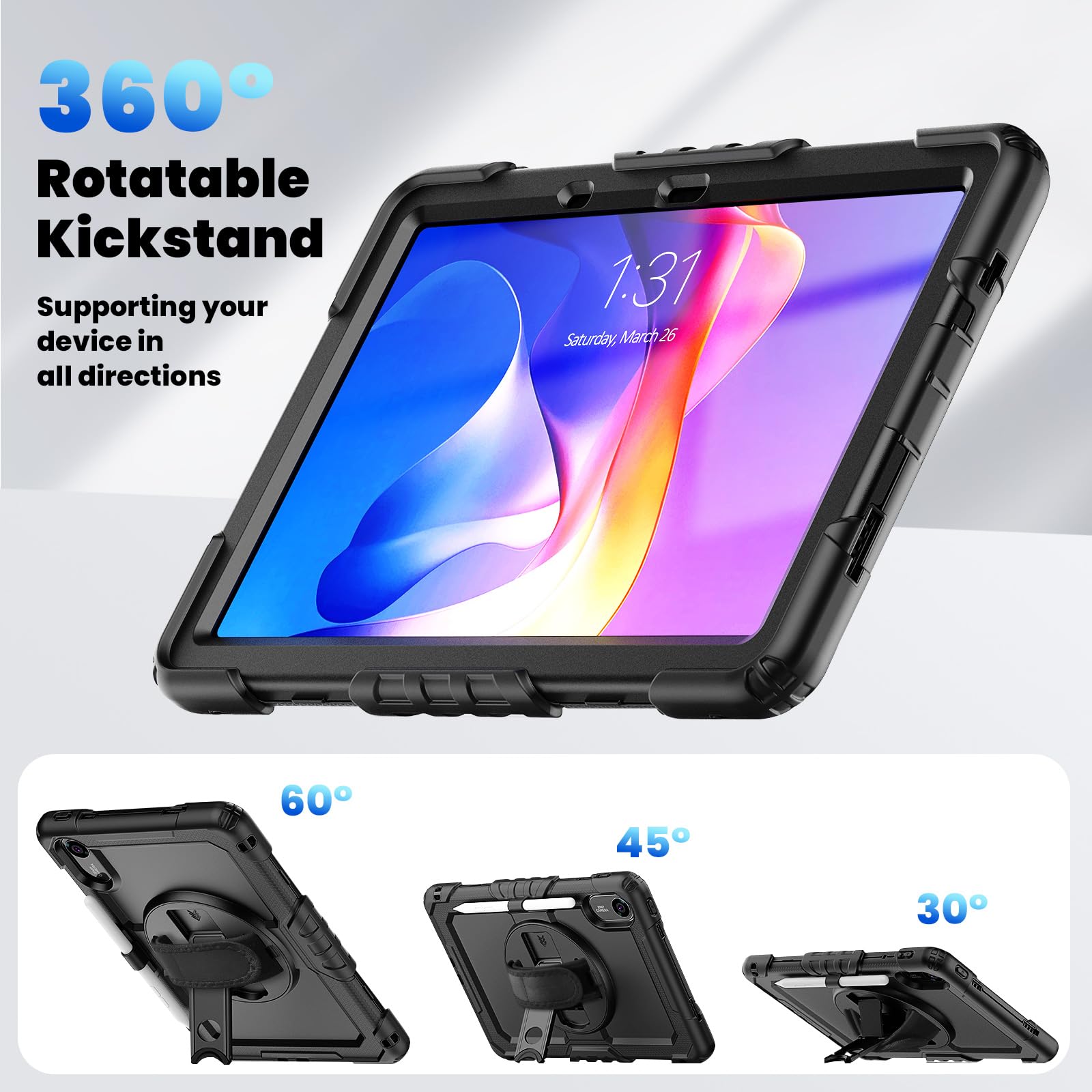 zenrich Coque Antichoc pour Xiaomi Redmi Pad 2 (11 Pouces) 2025, Étui de Protection Robuste avec Protecteur d'écran, 360° Support Rotative, Dragonne, Bandoulière et Porte-Stylet pour Redmi Pad 2–Noir