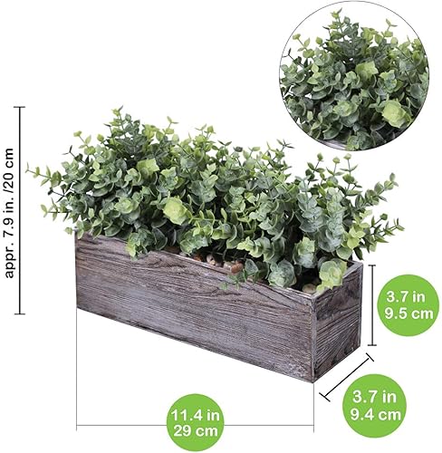 Miniatura 2 de Winlyn Faux Eucalyptus Plants in Rustic Rectangular Wood Planter Box Artificial Eucalyptus Greenery Arrangement Potted Plant in Dusty Green for