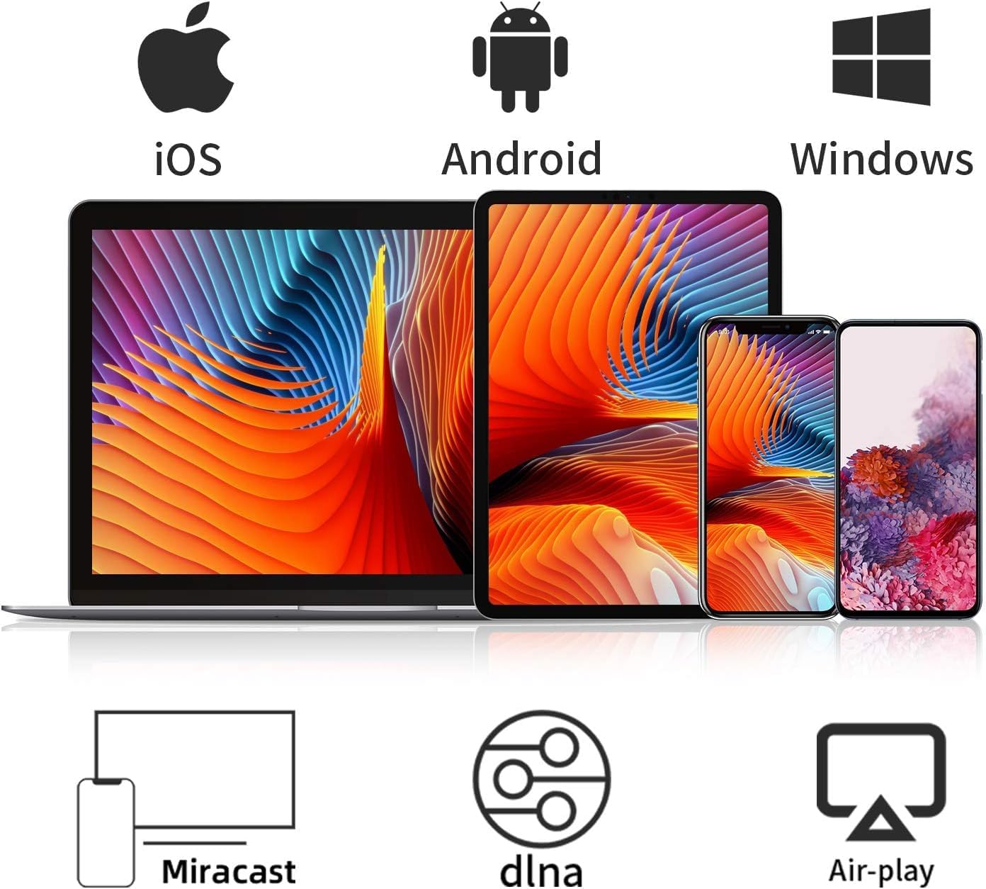 Icons representing iOS, Android, and Windows operating systems, with images of a MacBook, tablet, and smartphones below, indicating broad device compatibility.
