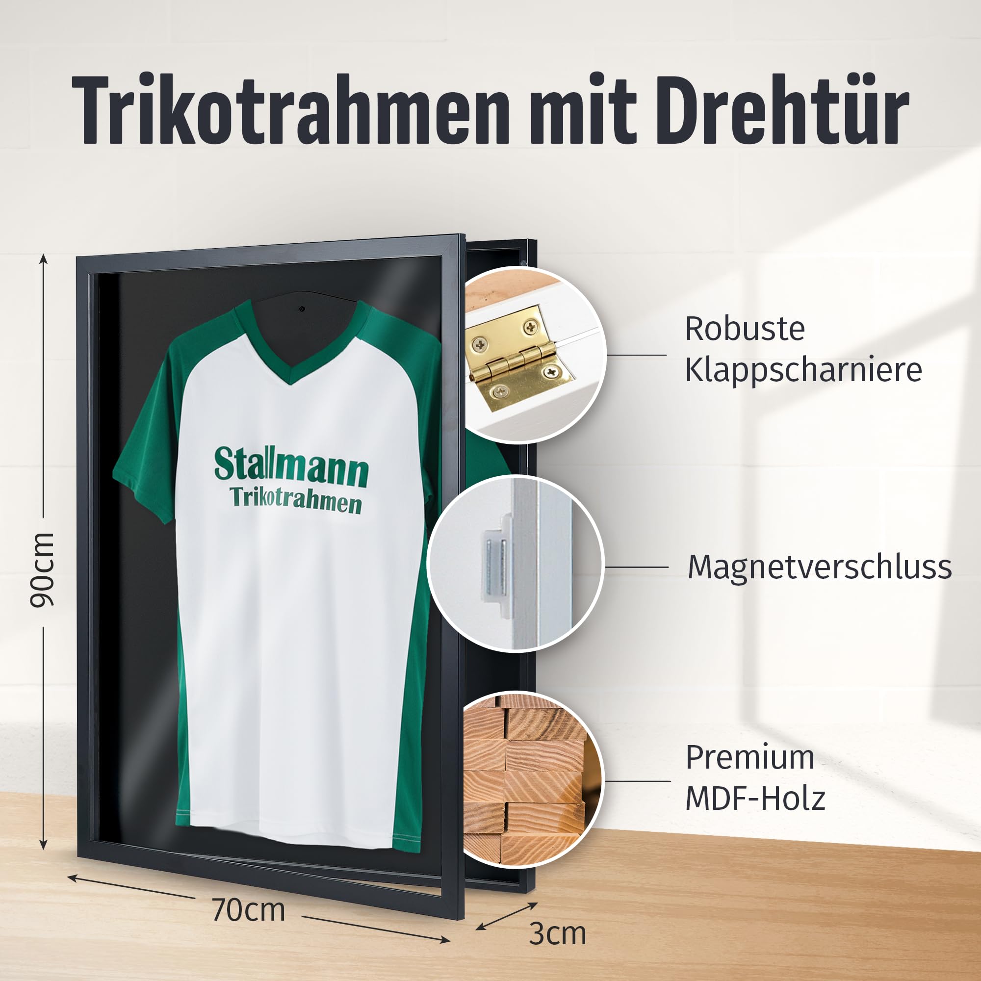 Trikotrahmen 'Easy Click & Fill' mit Tür | Rahmen-Farbe: Schwarz | Hintergrund: Schwarz | Größe: 70 x 90 cm | hochwertige und leicht zu befüllende Vitrine für Trikots