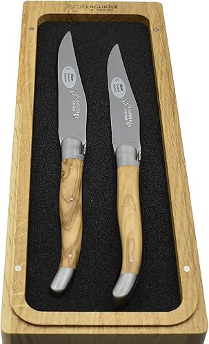 Miniatura 6 de Laguiole en Aubrac L uxury: cuchillos para carne de acero inoxidable totalmente forjados, juego de 2 piezas con mango de madera de olivo, soportes