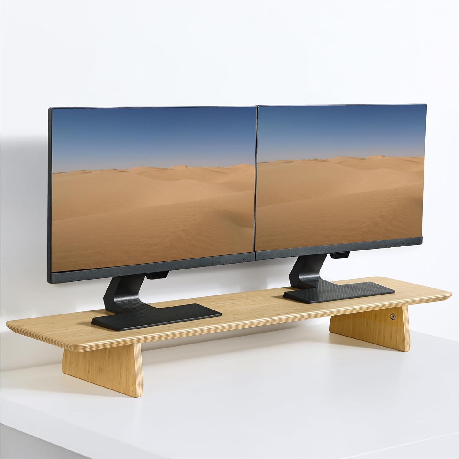 Navaris Dual Monitor Stand Wooden Desk Shelf