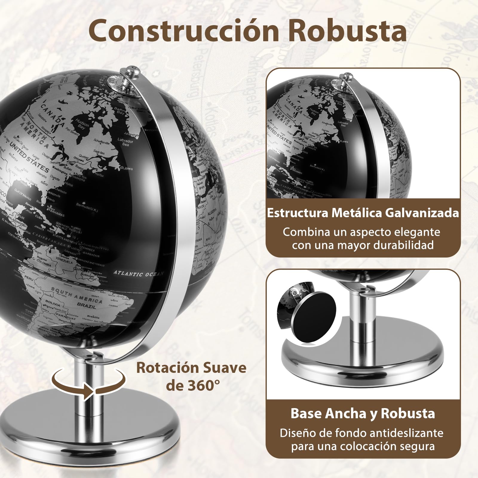 GOPLUS Globo Terráqueo Moderno Negro con Detalles Dorados/Plateados, Soporte Metálico, Base Antideslizante, Zona Horaria, Globo Terráqueo Decorativo de Mesa para el Hogar, la Oficina (Plata)