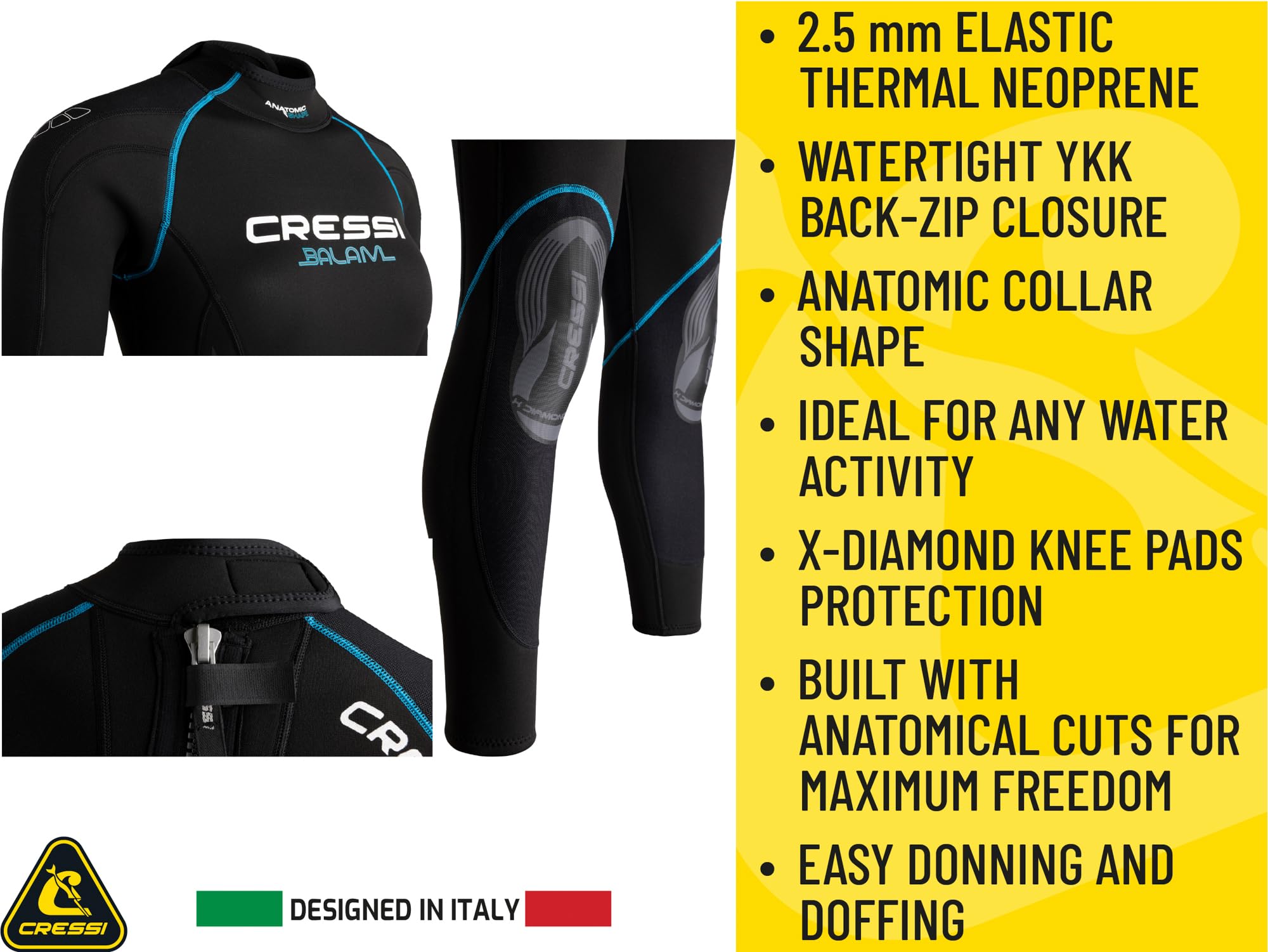 CRESSI Balam Monopiece Wetsuit 2,5mm - Muta Monopezzo in Neoprene Bifoderato 2.5 mm High Stretch, Ideale per Immersioni e Snorkeling in Acque Temperate