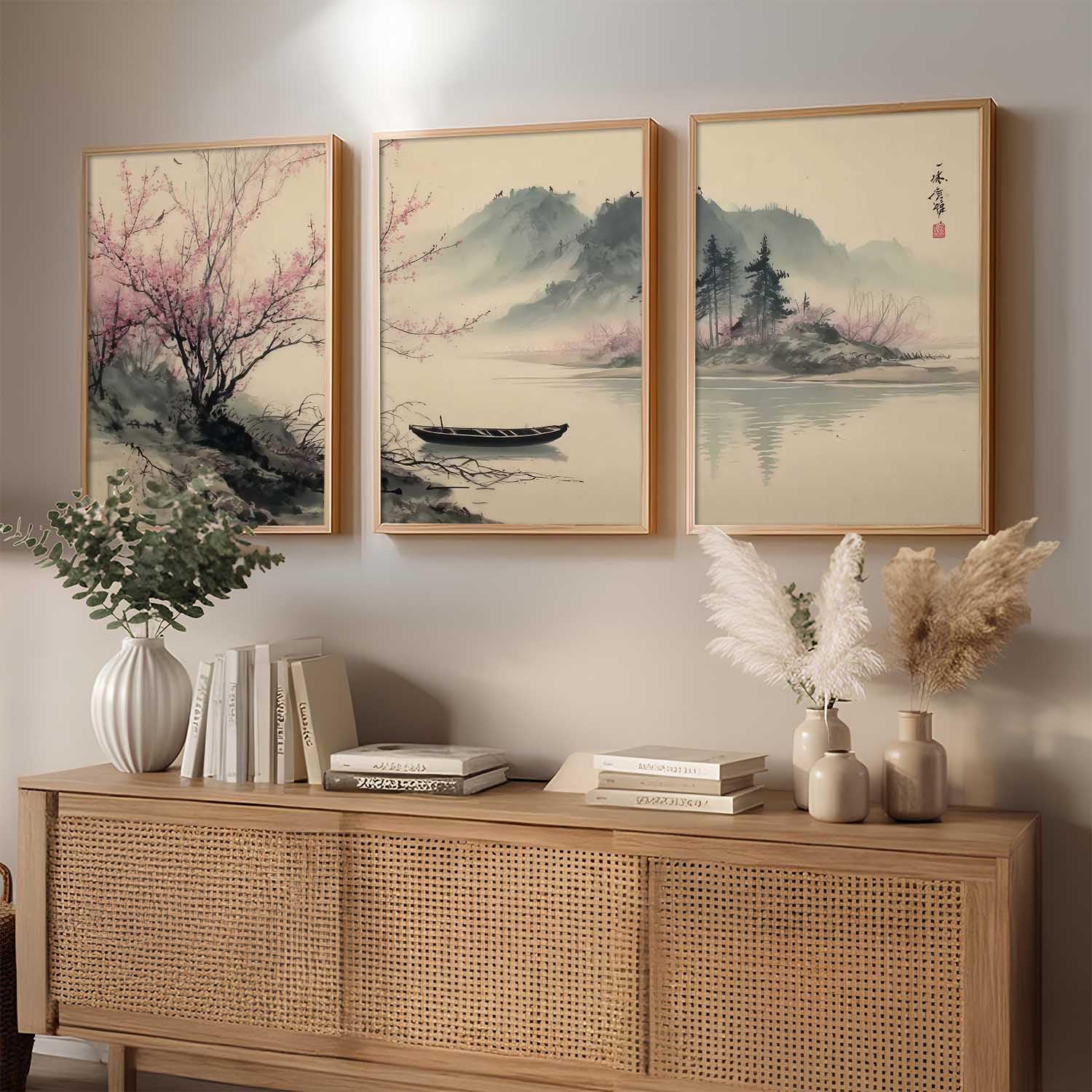 Homesy Big Aesthetic Nature Art Wall Framed Posters | Japanese Nature View Framed Painting for Living Room Bedroom Wall Decor Set Of 3 (13x17 inch)-image-42