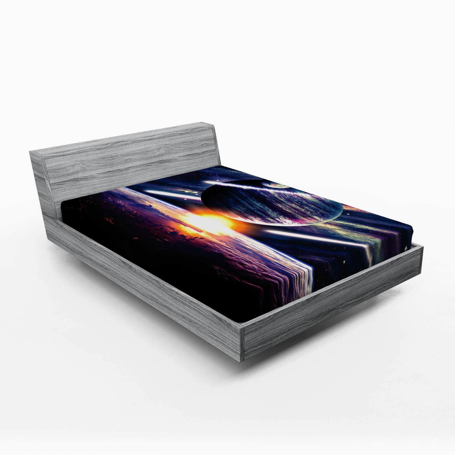 ABAKUHAUS Galassia Lenzuolo con Angoli, Astronauta in Outer Space, Morbido Tessuto Decorativo da Letto Tasca Elastica a Tutto Tondo, 120 x 190 cm, Grigio Arancione