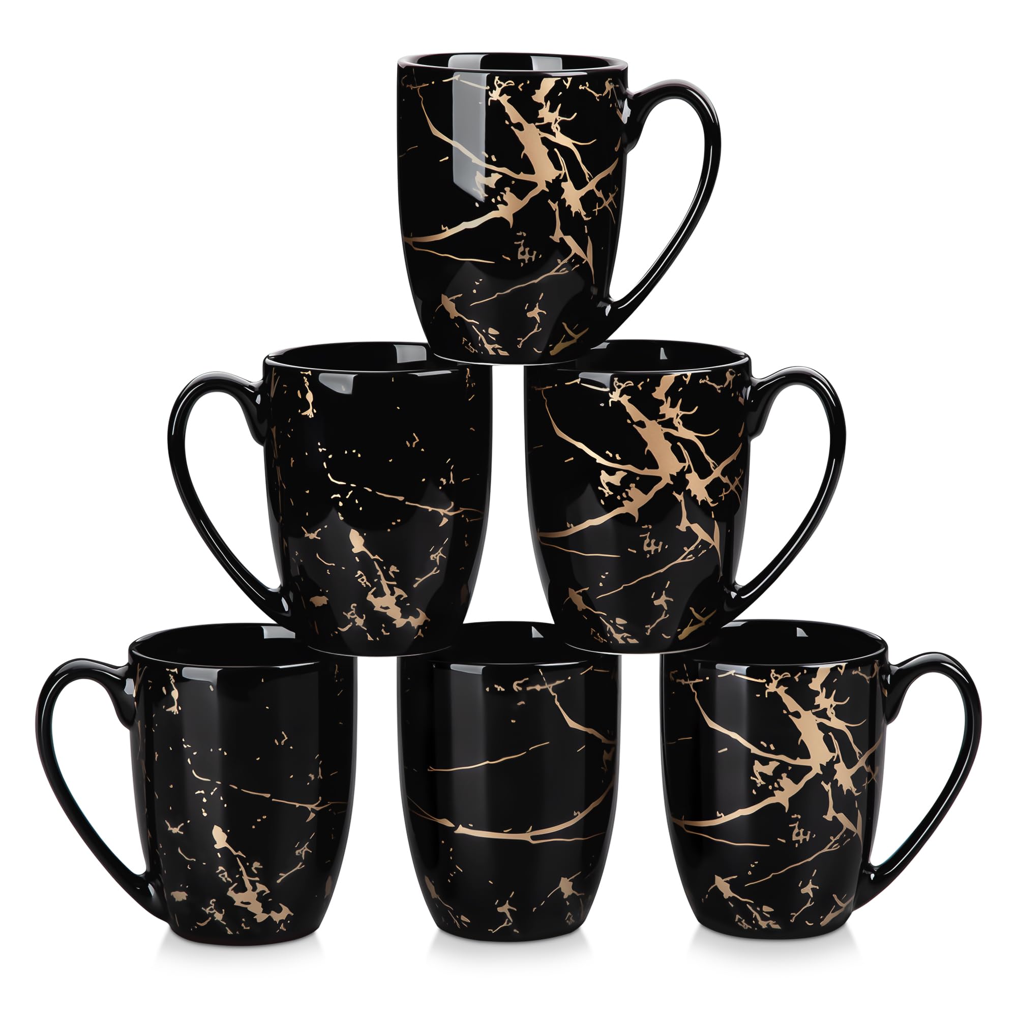 LOVECASA Coffee Mugs Set of 6, 13oz/380ml Black and Gold Ceramic Mugs with Handle, Stoneware Tea Cups for Coffee, Latte, Cappuccino, Tea, or Hot Chocolate – Perfect for Home & Office