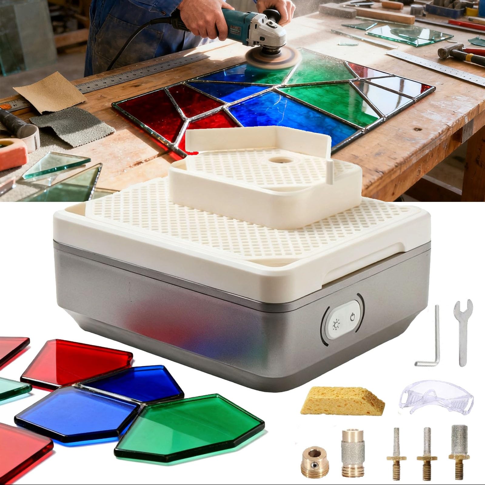 Rsqql One Color 4200Rpm Stained Glass Grinder Machine, Dual Layer& Auto Water Feed, 4 Grinding Bits, 2-3Mm Glass Drilling,For Drilling/Edge Refinement, Glass Crafting