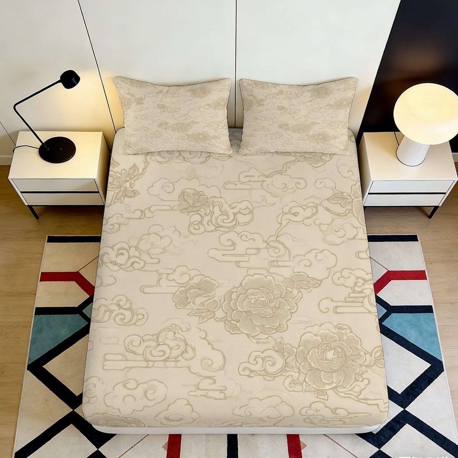 3D Printed Cloud Peony Fitted Sheet Microfiber Non-Slip Mattress Cover Washable for Bedroom Dorm Apartment Decor 180x200x25cm
