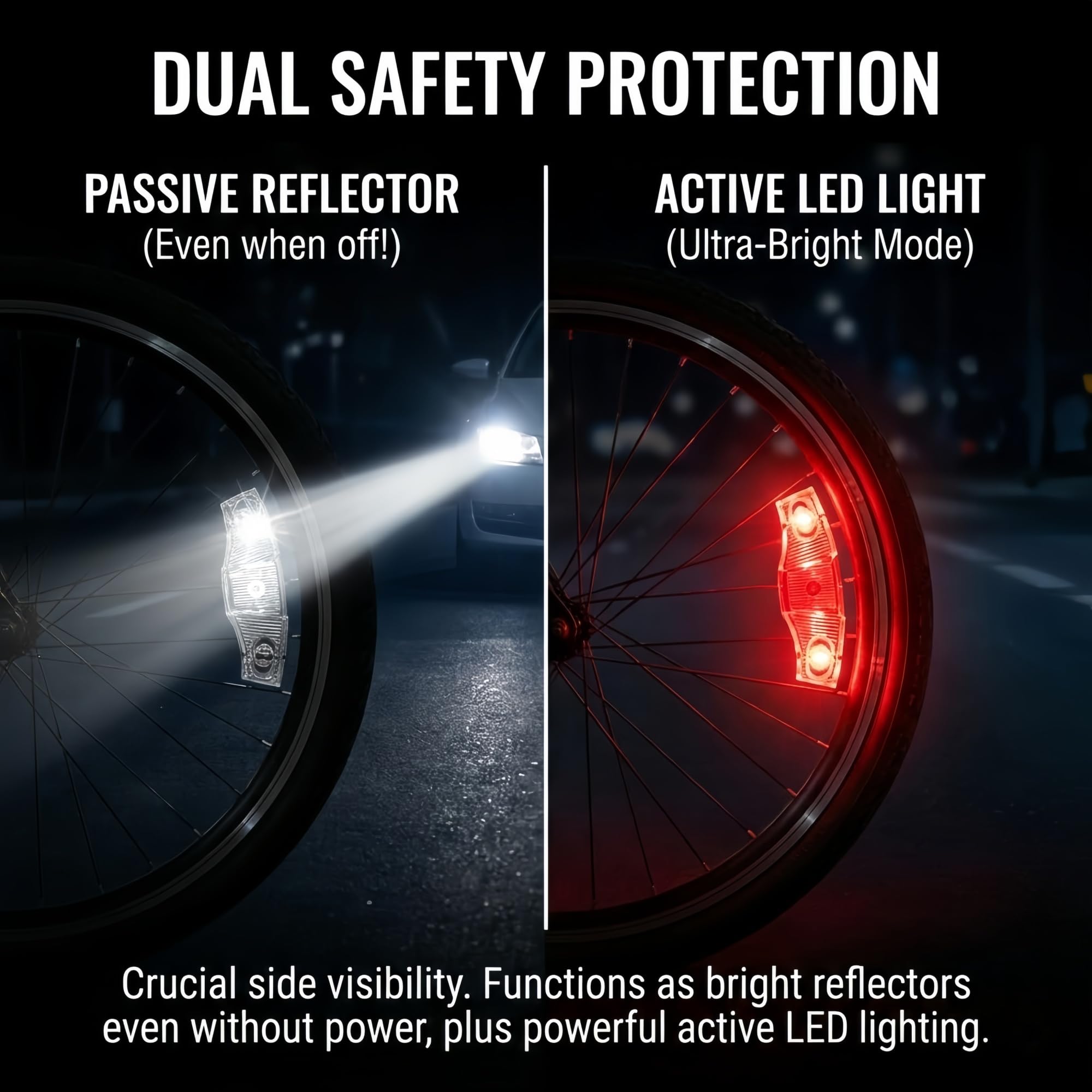 HANZE Lumières de roue de vélo rechargeables, 9 couleurs, lumières LED et réflecteurs, 21 modes d'éclairage, détecteur de mouvement, marche/arrêt automatique, accessoires étanches pour enfants et
