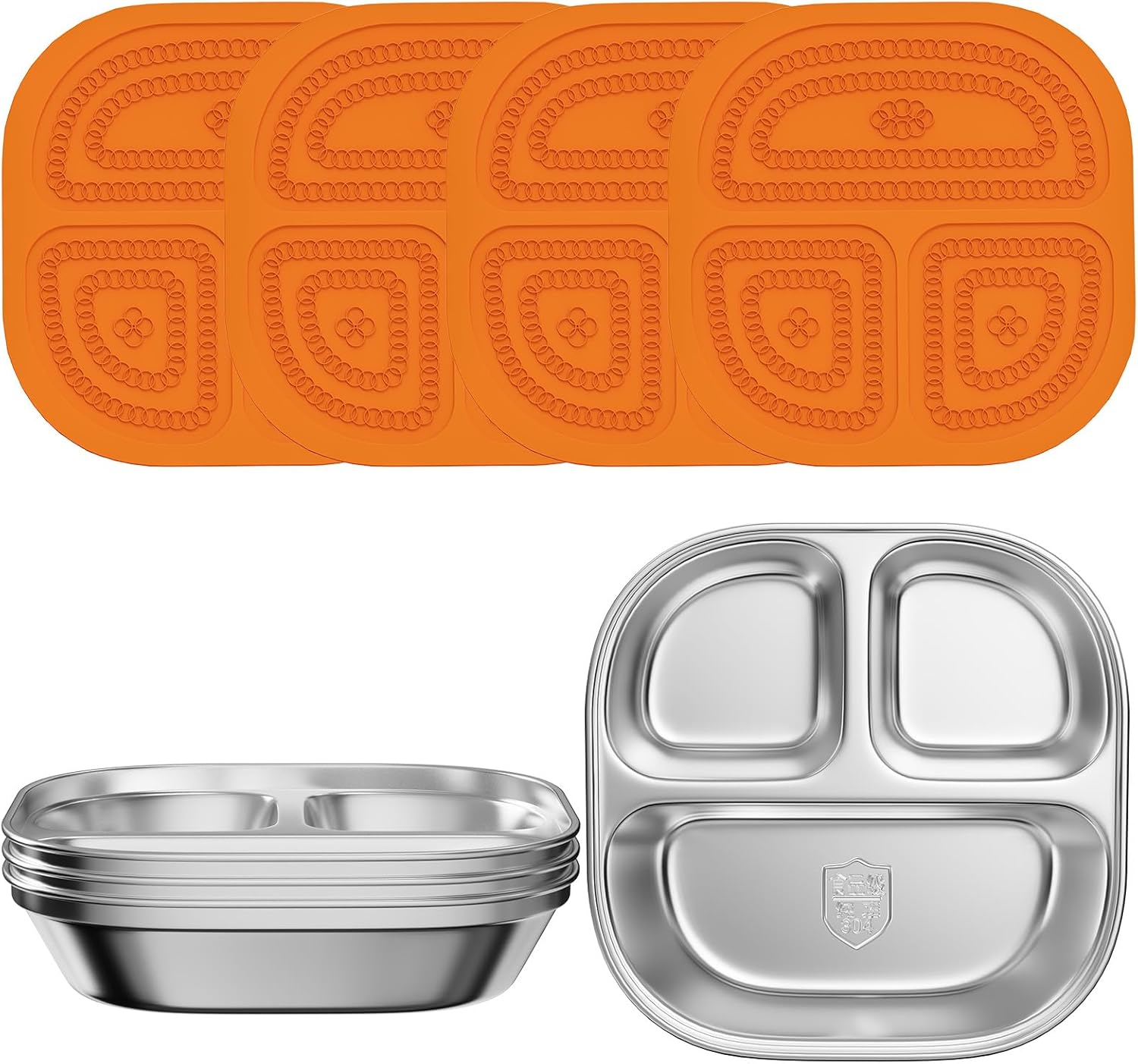 Set of 4 Snack Containers,Stainless Steel Kids Plates,Stainless Steel Toddler Plate with Silicone Lids- Reusable Meal Prep Lunch Containers for Kids Non Toxic & 100% BPA Free?Orange