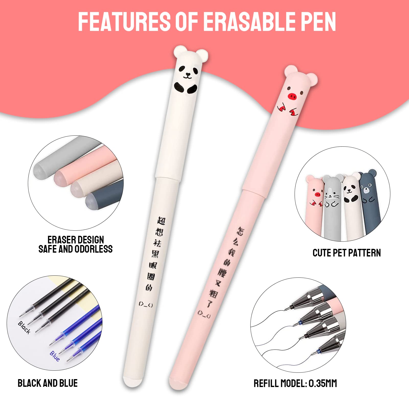 Set 12 Penne Cancellabili A Forma Di Animali – Punta 0,35 Mm, Con 48 Ricariche E 4 Gomme, Cancelleria Kawaii - 2