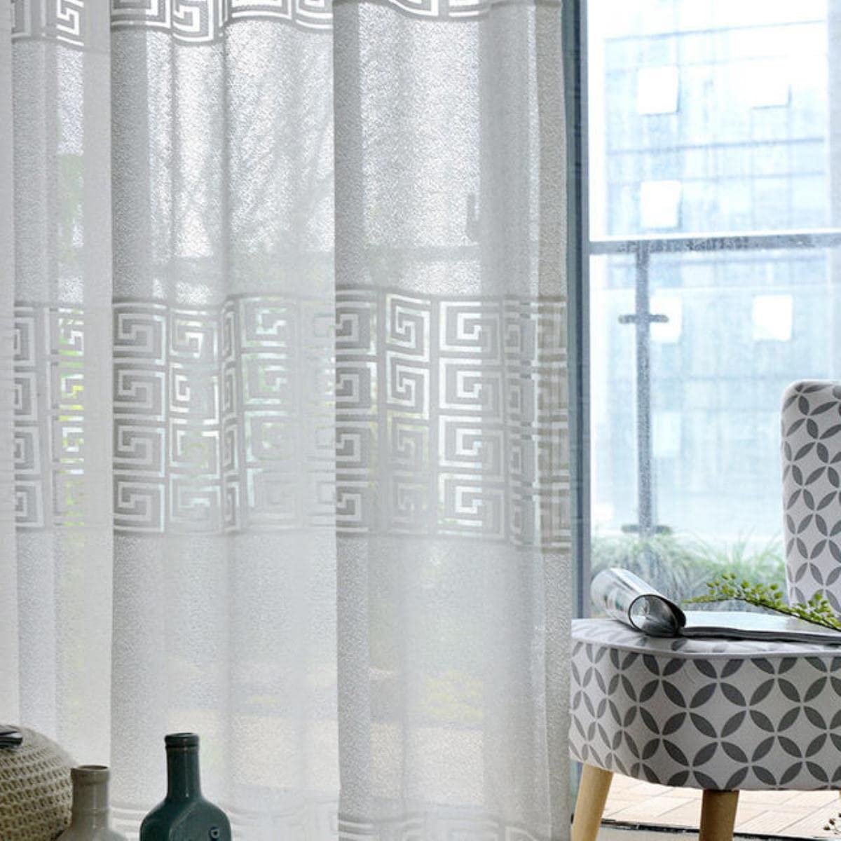 Rideaux en Tulle Blanc Moderne pour Salon Chambre voilages géométriques Rideaux pour fenêtres-Tulle Blanc, W300xL260cm 1PC,Chine,Crochets