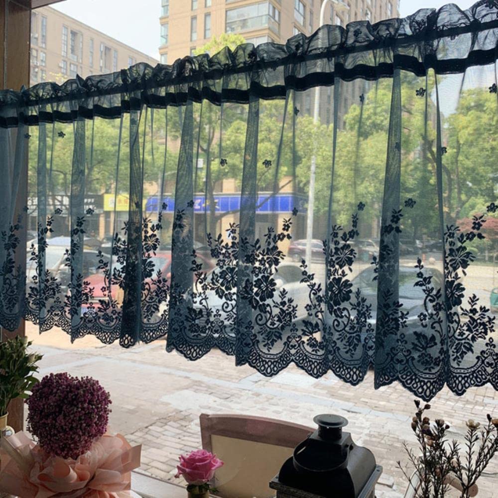 MANQILE Dark Green Lace Embroidered Voile Short Curtain for Kitchen Cupboard Door Coffee Half Curtain Partition Decor