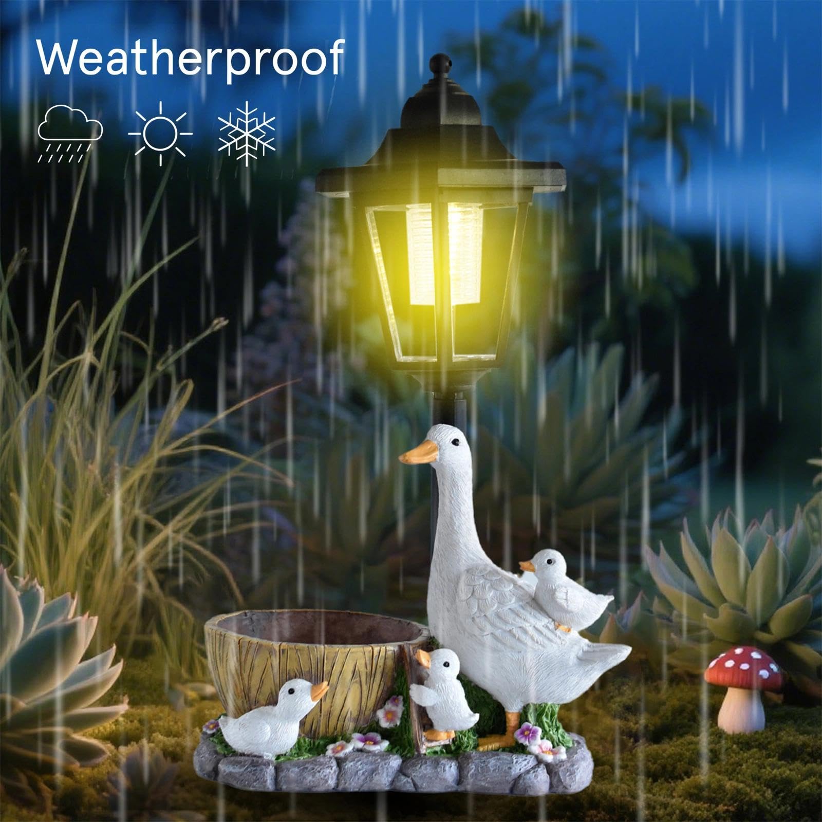 Solar Enten Gartenfigur, Entenfamilie Statue mit Blumentopf, Wetterfest Entenstatue Gartenleuchte,Tierdeko für Außendeko Rasen Balkon Terrasse Hof, Geschenk Muttertag Weihnachten Ostern Kinder