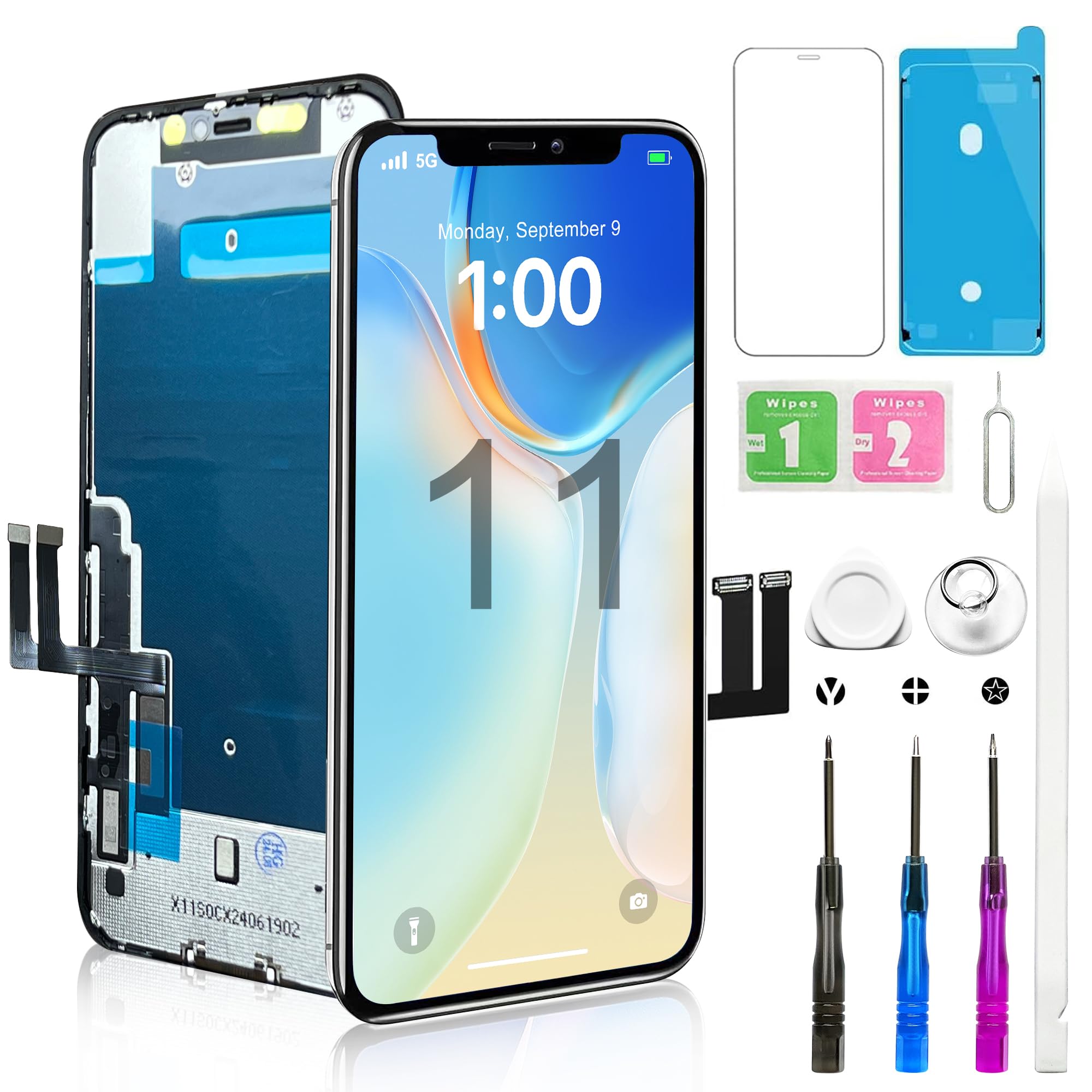 Dinow Écran pour iPhone 11 Pro Max 6,5 iPhone 11 Pro Max, pour iPhone 11 Pro Max, kit de réparation d'écran avec outils de réparation, verre trempé ( modèle : A2161/A2220/A2218 Dinow Écran pour iPhone 11 Pro Max 6,5 iPhone 11 Pro Max, pour iPhone 11 Pro Max, kit de réparation d'écran avec outils de réparation, verre trempé ( modèle : A2161/A2220/A2218