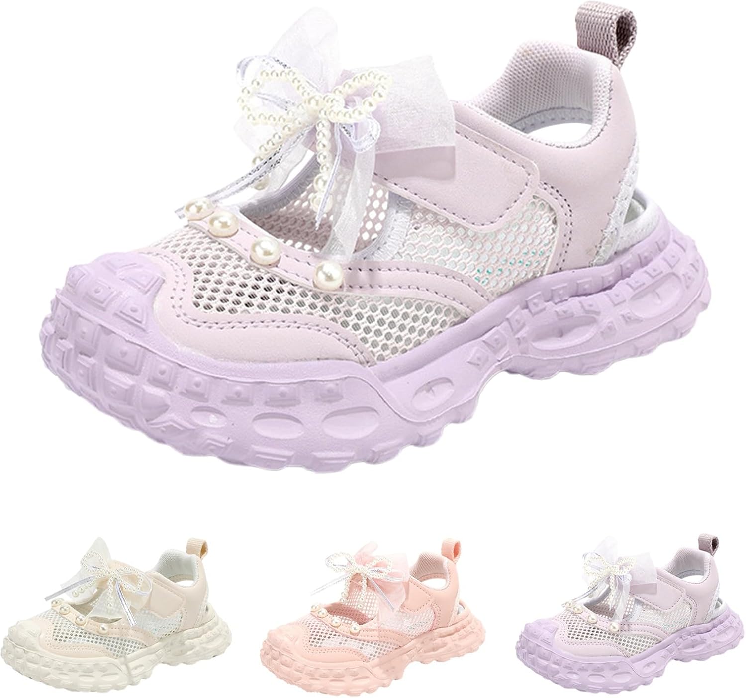 Girls Pearl Bow Sandals Kids Hiking Mesh Breathable Closed Toe Shoes Non Slip Adjustable Strap Sandals Soft Comfort Thick Sole Shoes Casual Outdoor Walking Sneakers (Purple, 1.5 Big Kids)