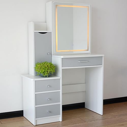 Miniatura 2 de Vocuer Juego de mesa de tocador con espejo iluminado, escritorio de tocador con cajones para Navidad, mesa de maquillaje con taburete de tocador y 4
