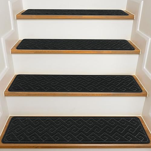 Miniatura 12 de Peldaños de escalera para escalones de madera interior, paquete de 15 unidades de 8 x 30 pulgadas, alfombra antideslizante con adhesivo reutilizable