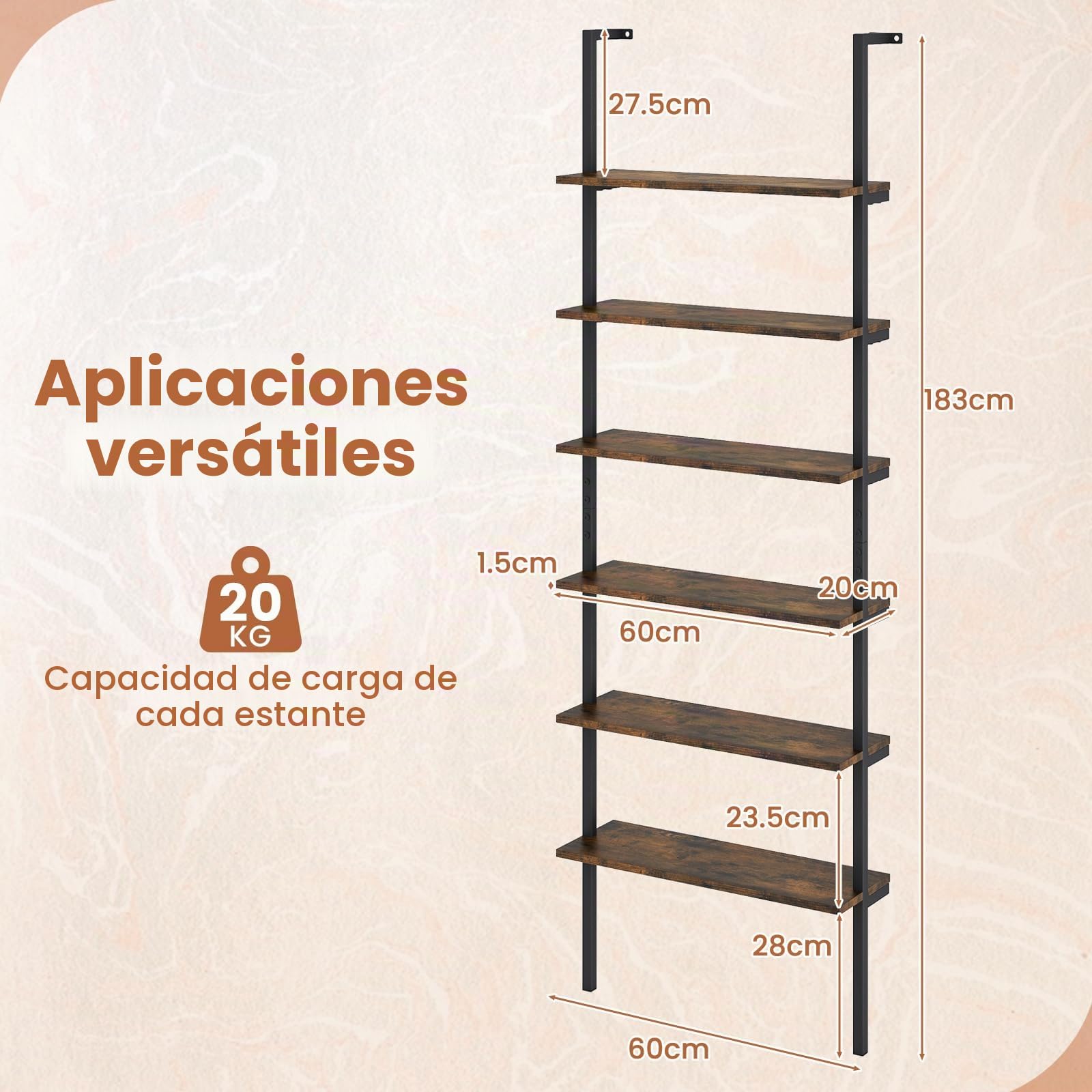 HOMASIS Estantería de Pared con 6 Niveles, Librería Escalera con Estructura metálica y Dispositivos antivuelco, Estantería Abierta Moderna para salón, Dormitorio, Oficina, 60x20x183cm (Marrón)