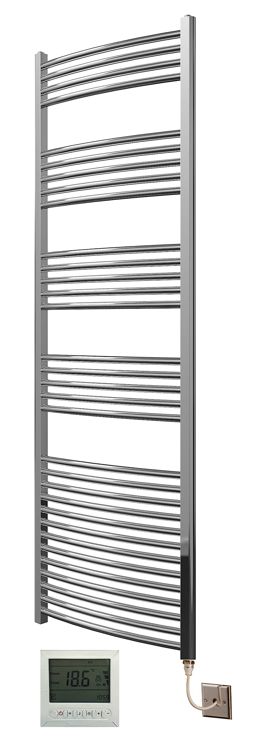 Greened House Chrome Electric 600W X 1800H Curved Towel Rail + Timer And Room Thermostat New Designer Bathroom Towel Rails