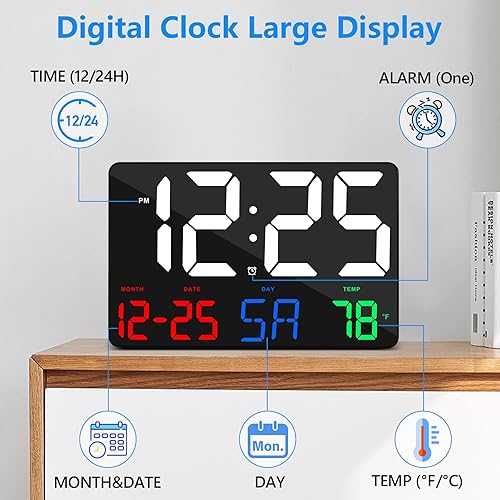 Miniatura 5 de Reloj digital de pared, reloj despertador digital LED de 11.5 pulgadas, pantalla grande, con control remoto, brillo ajustable, calendario