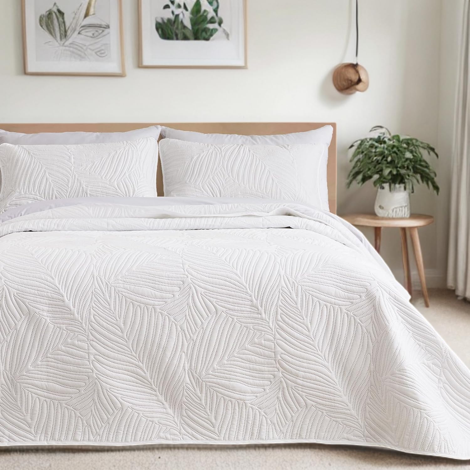 HaraDeco Colcha Blanca Hoja Lisa - Colcha de Verano Ligera con 2 Fundas de Almohada - Cubrecama para Todas Las Estaciones - Hogar y Hostelería - Cama Matrimonio 180 cm