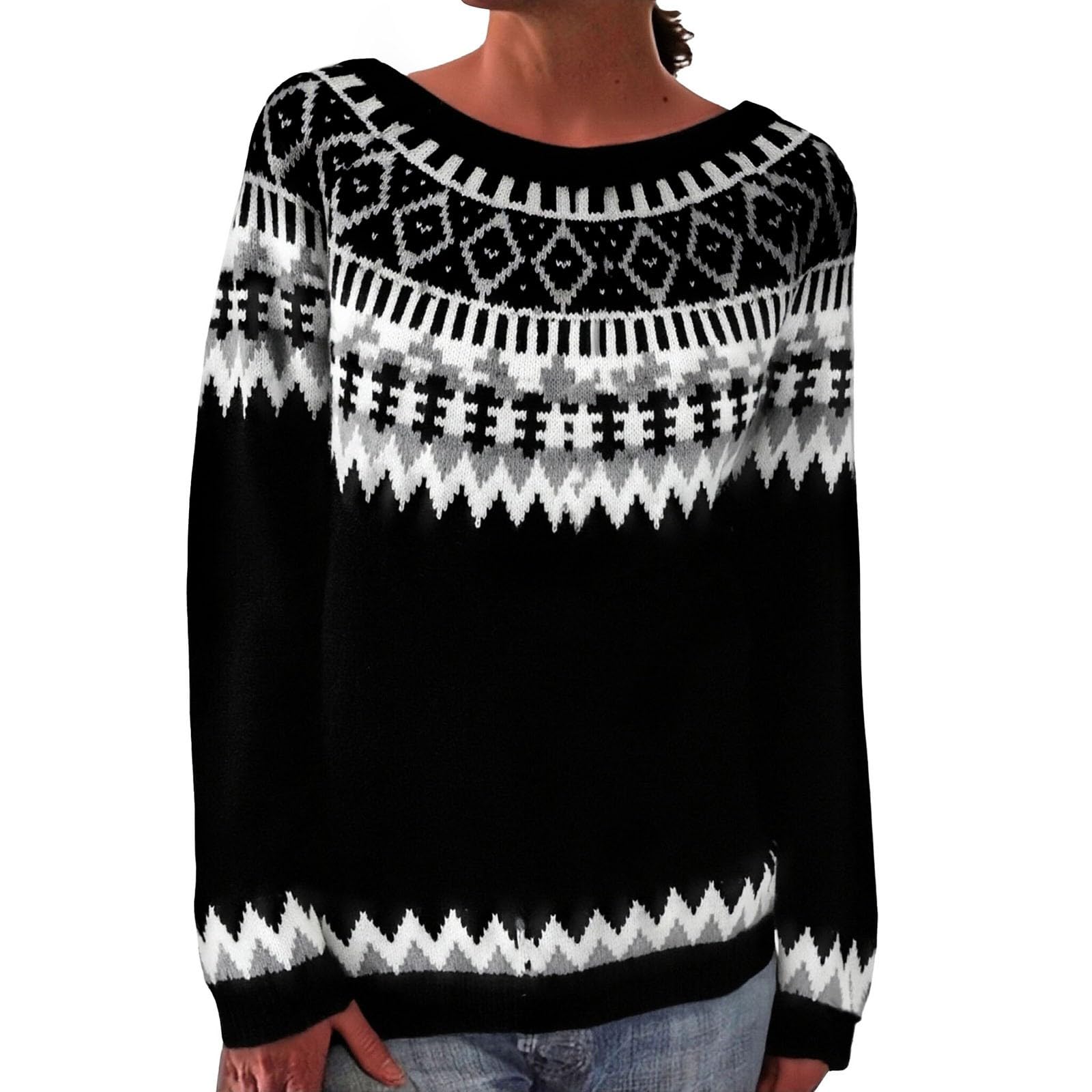 Fair Isle Sweater for Womens Casual Vintage Crew Neck Knitted Pullover Cute Oversized Long Sleeve Colorful Christmas Tops