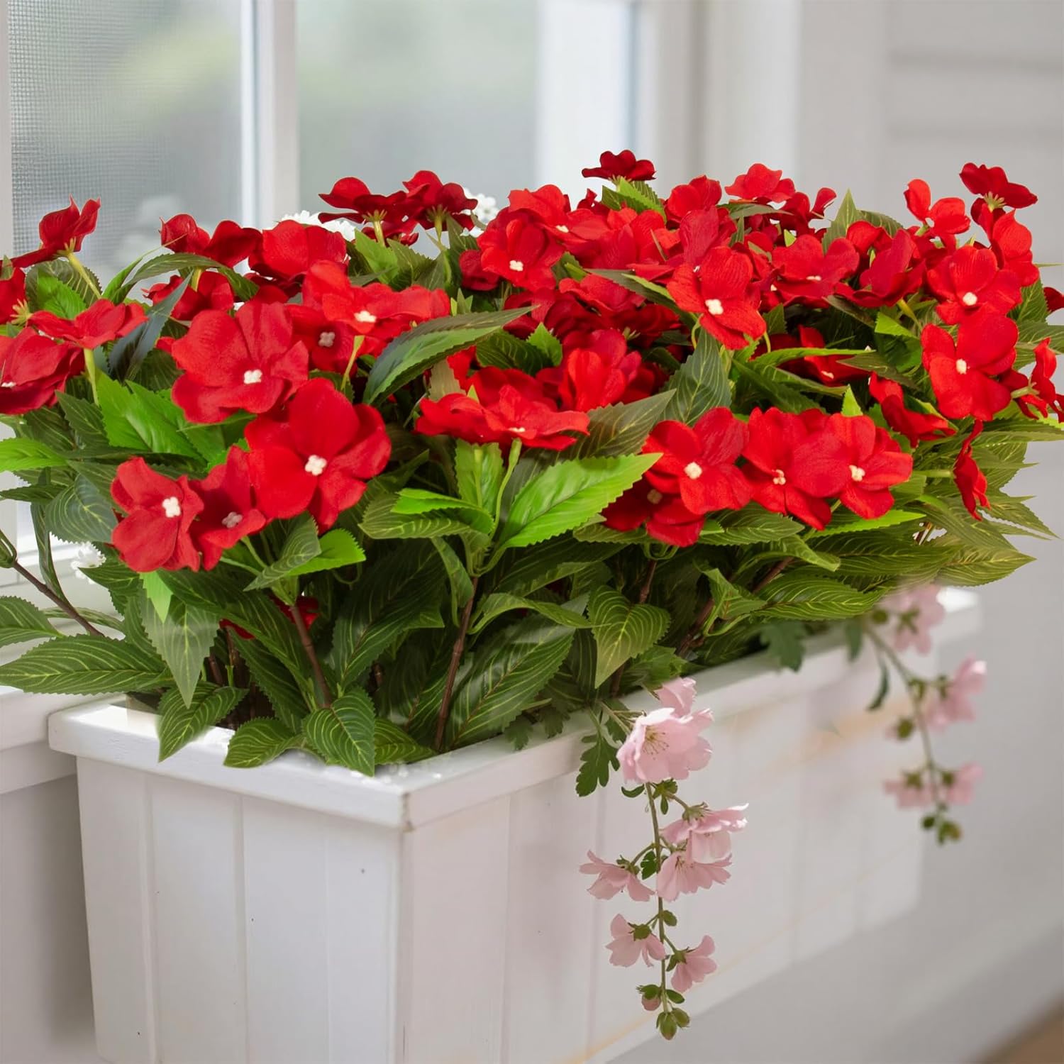 Daynight 8 Pcs Artificial Impatiens Flowers for Outdoor Flowers UV Resistant Faux Red Flowers Impatiens Bushes Silk Artificial Flowers Bouquet for Patio Garden Porch Decor. (8, Red)