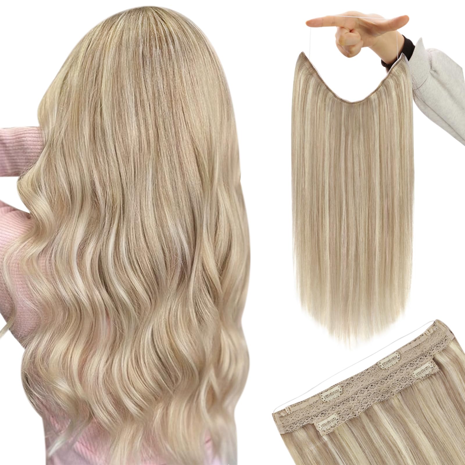 YoungSee 18 Inch Wire Hair Extensions Real Human Hair Blonde Hair Extensions Wire with Clips Adjustable Fit One Piece Hair Extension Dirty Blonde Highlights Bleach Blonde Trying New Styles 85g