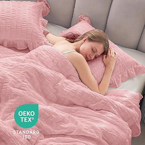 Miniatura 156 de JOLLYVOGUE - Juego de edredón tamaño queen, de 3 piezas, estilo seersucker, ligero y esponjoso para todas las estaciones, con 1 edredón con volantes