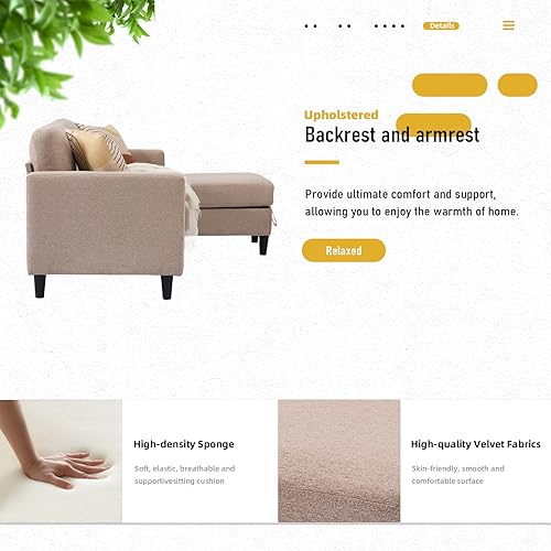 Miniatura 5 de Sofá modular convertible, sofá en forma de L de 3 asientos con otomana de almacenamiento, cómodo sofá para sala de estar, apartamento, oficina,