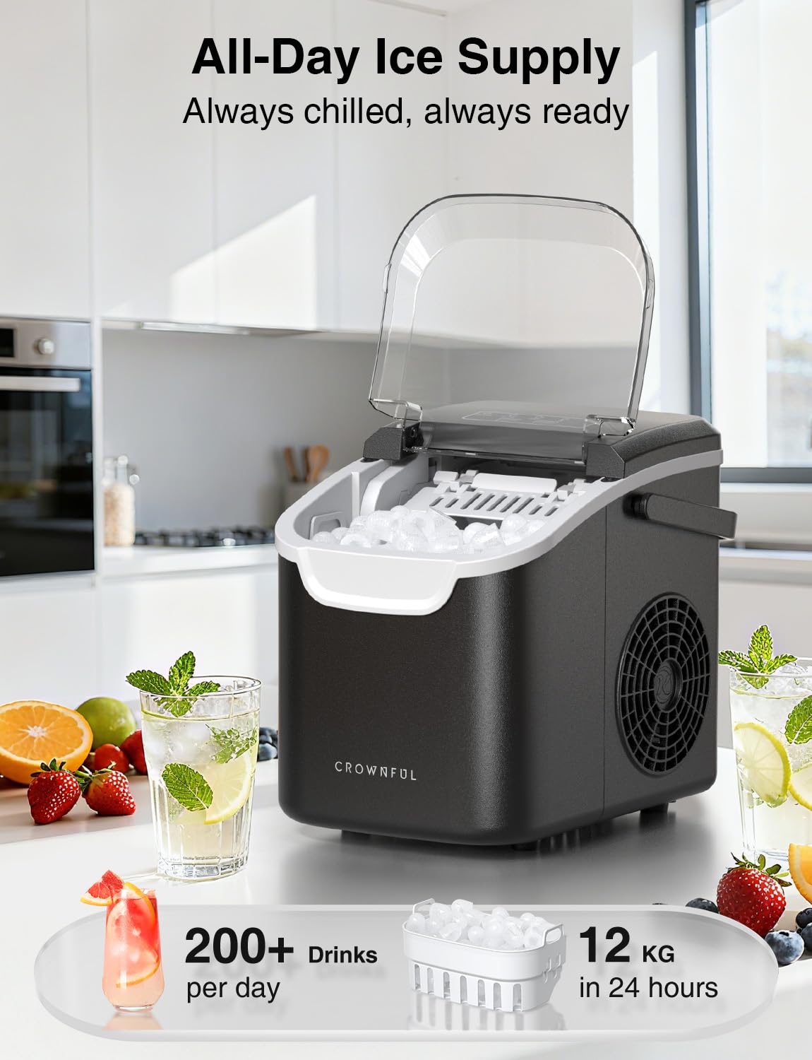 CROWNFUL Macchina per Ghiaccio Portatile, 8 Cubetti in 6 Minuti, Produttore di Ghiaccio Autopulente, 12 kg/24h, per Casa, Cucina, Ufficio, Bar e Feste (Nero)