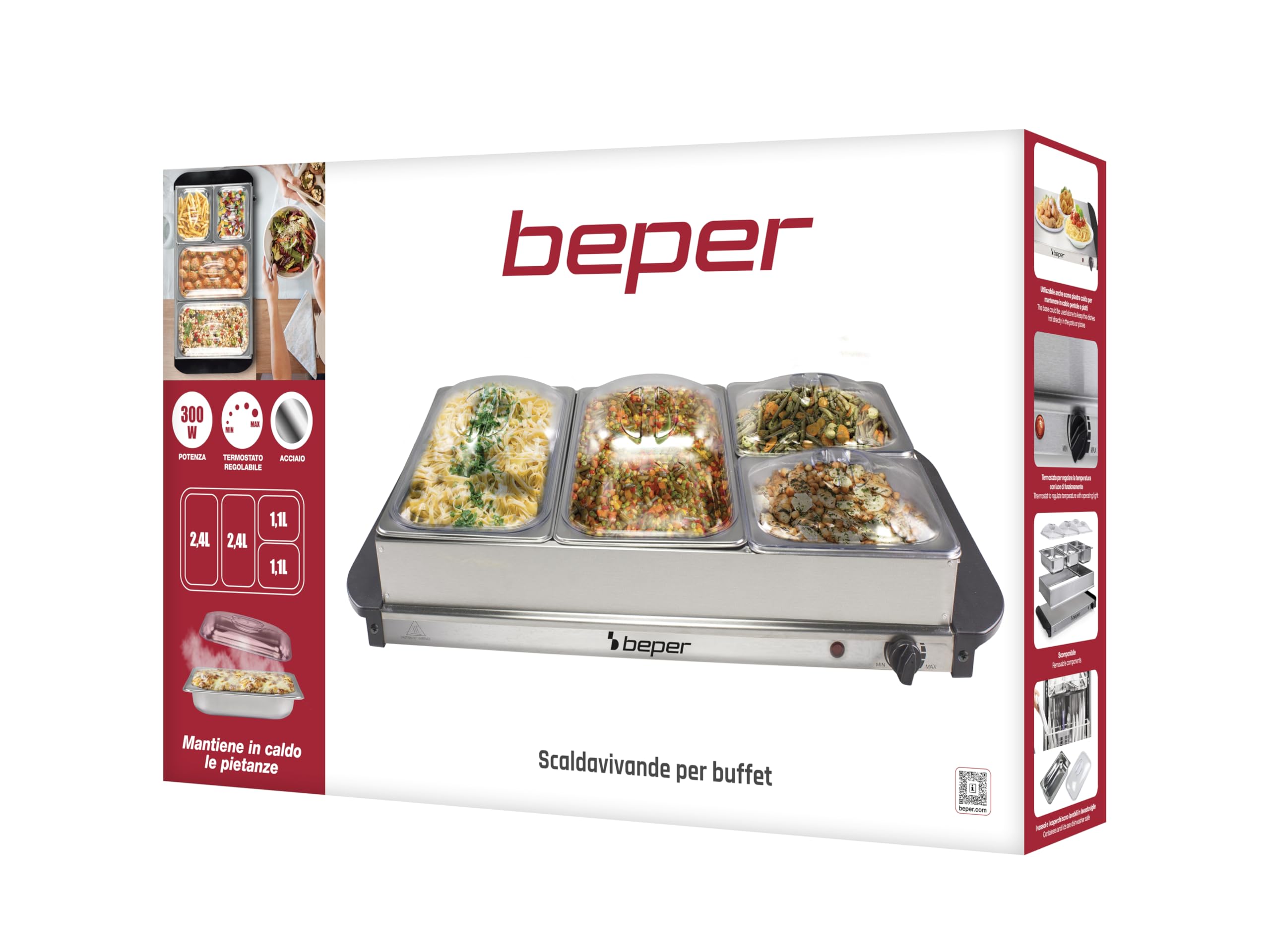 BEPER P101TEM002 Calentador de Buffet, Calentador de Comida, 4 Bandejas Extraíbles + Base de Placa Caliente, Termostato Ajustable y Asas Aislantes del Calor, Apto para Lavavajillas, Ideal para Fiestas