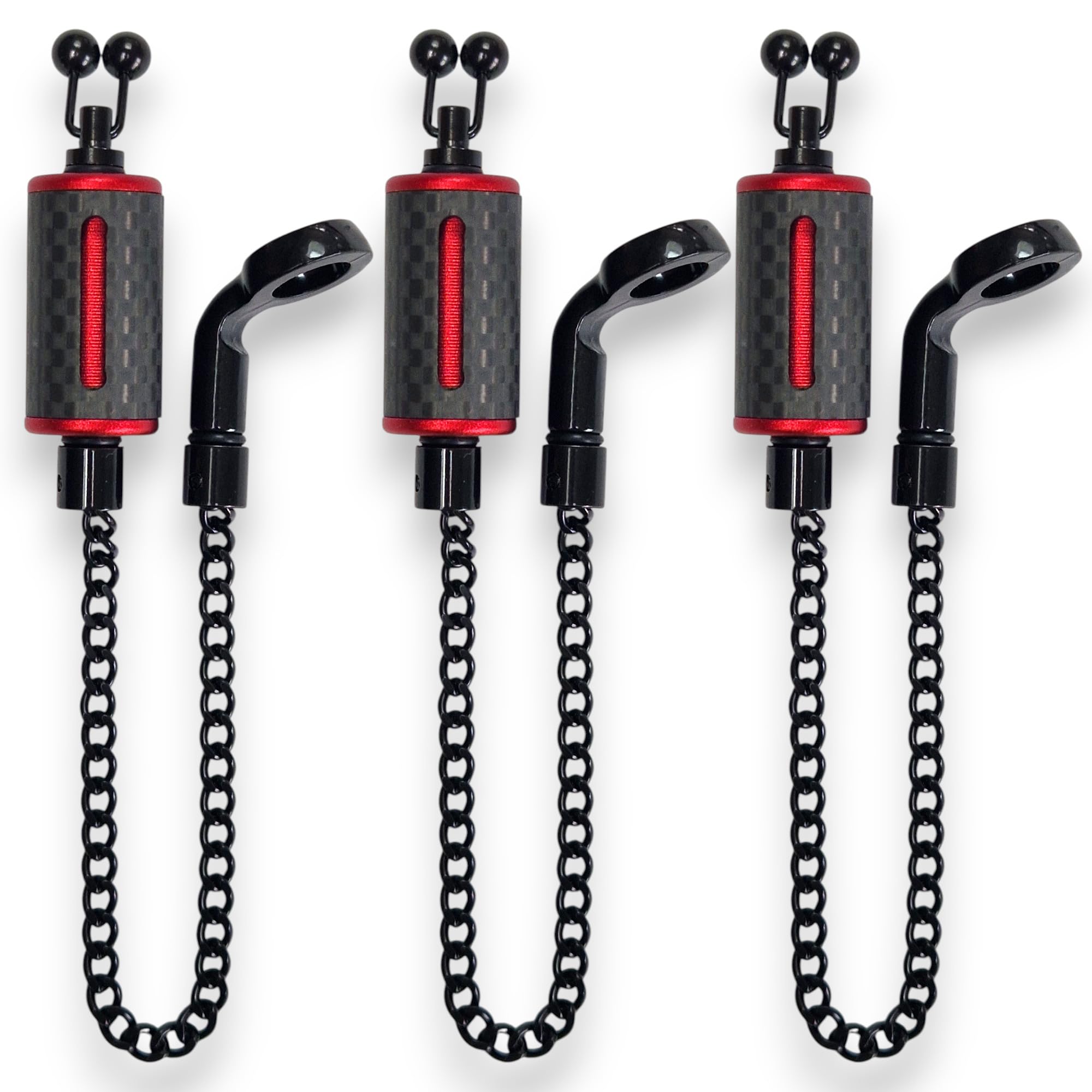 TJR Tackle 3 Red Ultimate Carbon Fibre Bite Indicators bobbins with 14cm Chain, Black stainless steel ball line clips (Red)