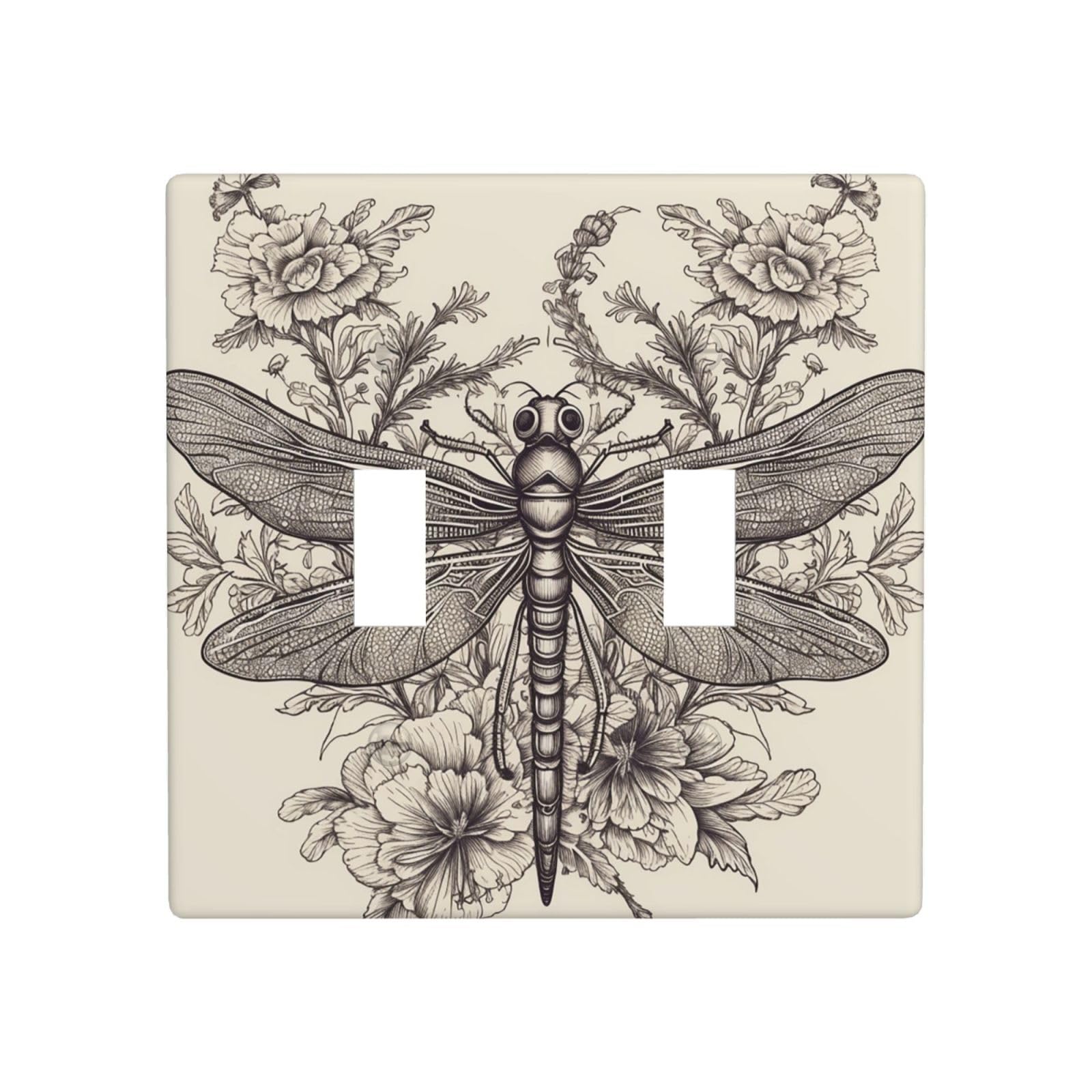 Aceprints Hand Drawn Floral Dragonfly 2 Gang Double Toggle Wall Plates, Unbreakable Decorative Duplex Light Switch Plate Covers Electrical Switchplate Cover Faceplate For Bathroom Kitchen Decor