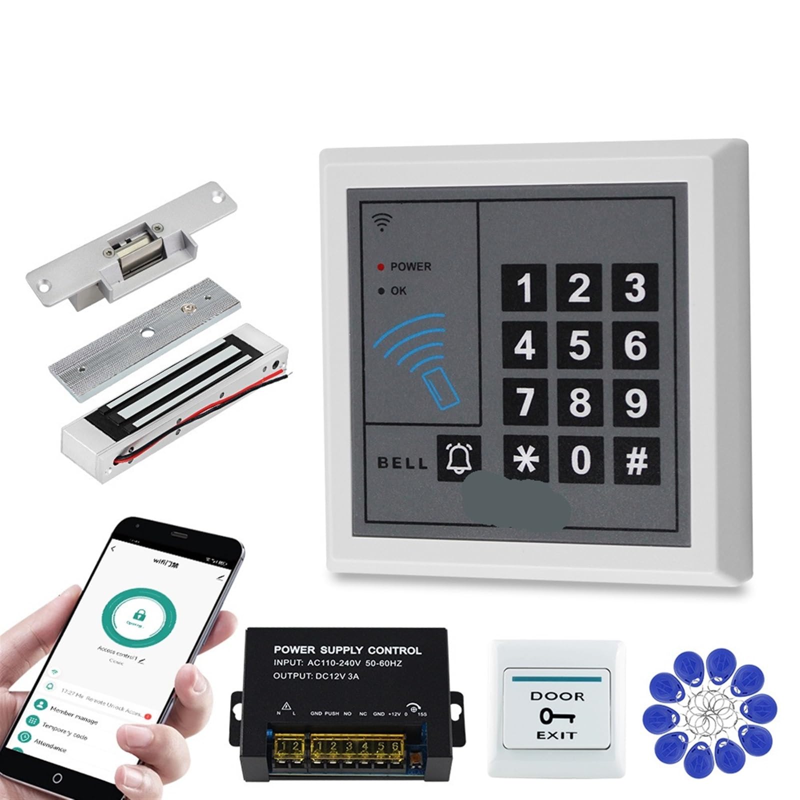 Kit de control acceso puerta, controlador con teclado RFID Wifi Tuya, cerraduras magnéticas eléctricas, desbloqueo por aplicación remota inteligente para Seguridad Eléctrica(Kit2 (Strike Lock))
