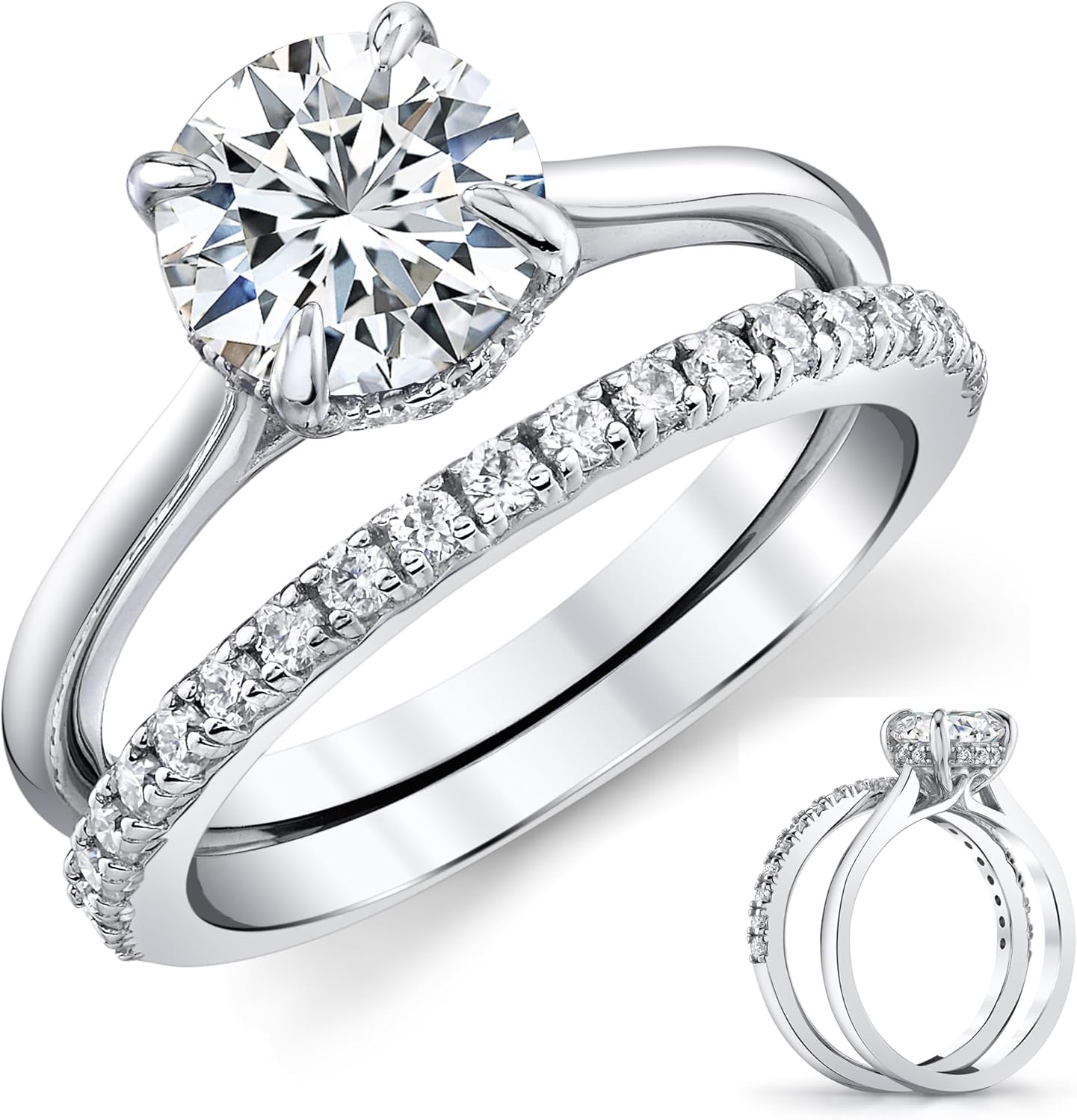 Metal Masters 2Ct Round Moissanite Bridal Set Under Halo Cathedral Wedding Ring 18K White Gold over Silver