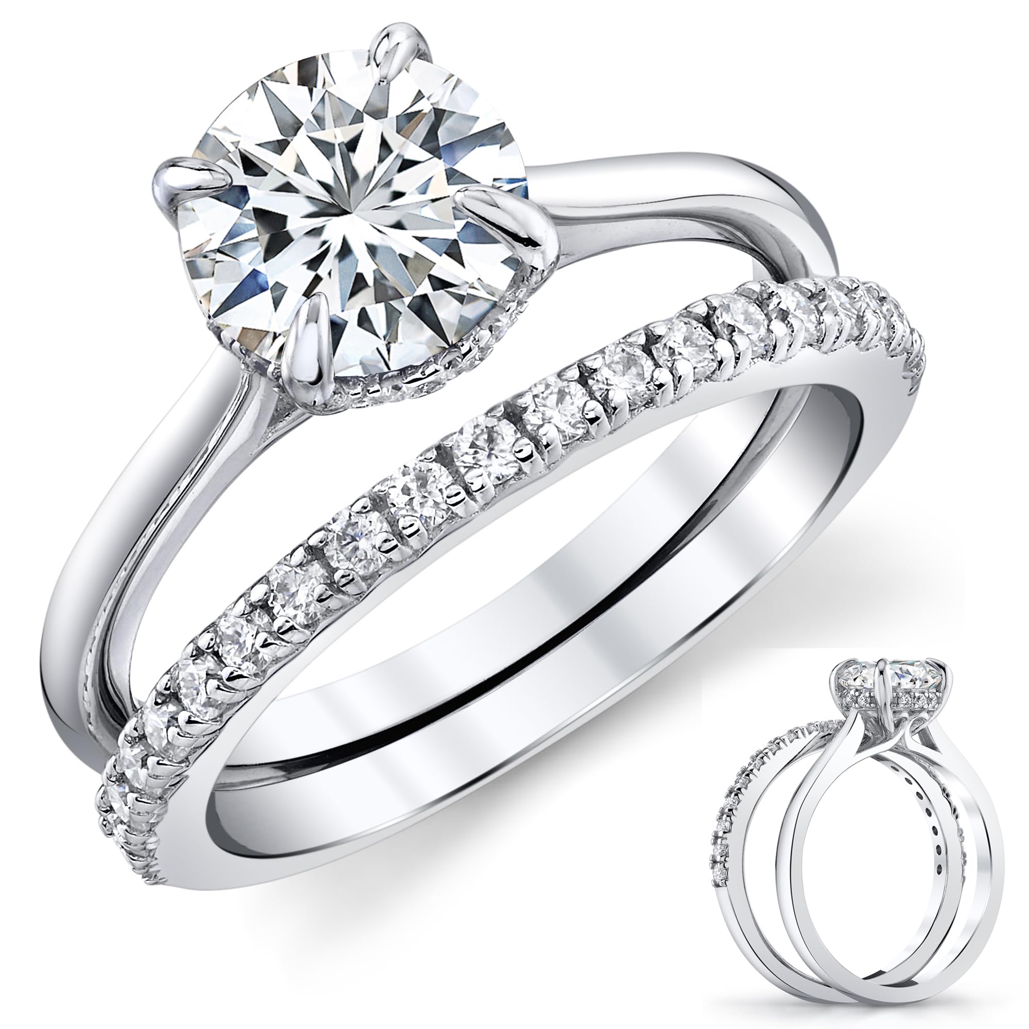 Metal Masters 2Ct Round Moissanite Bridal Set Under Halo Cathedral Wedding Ring 18K White Gold over Silver