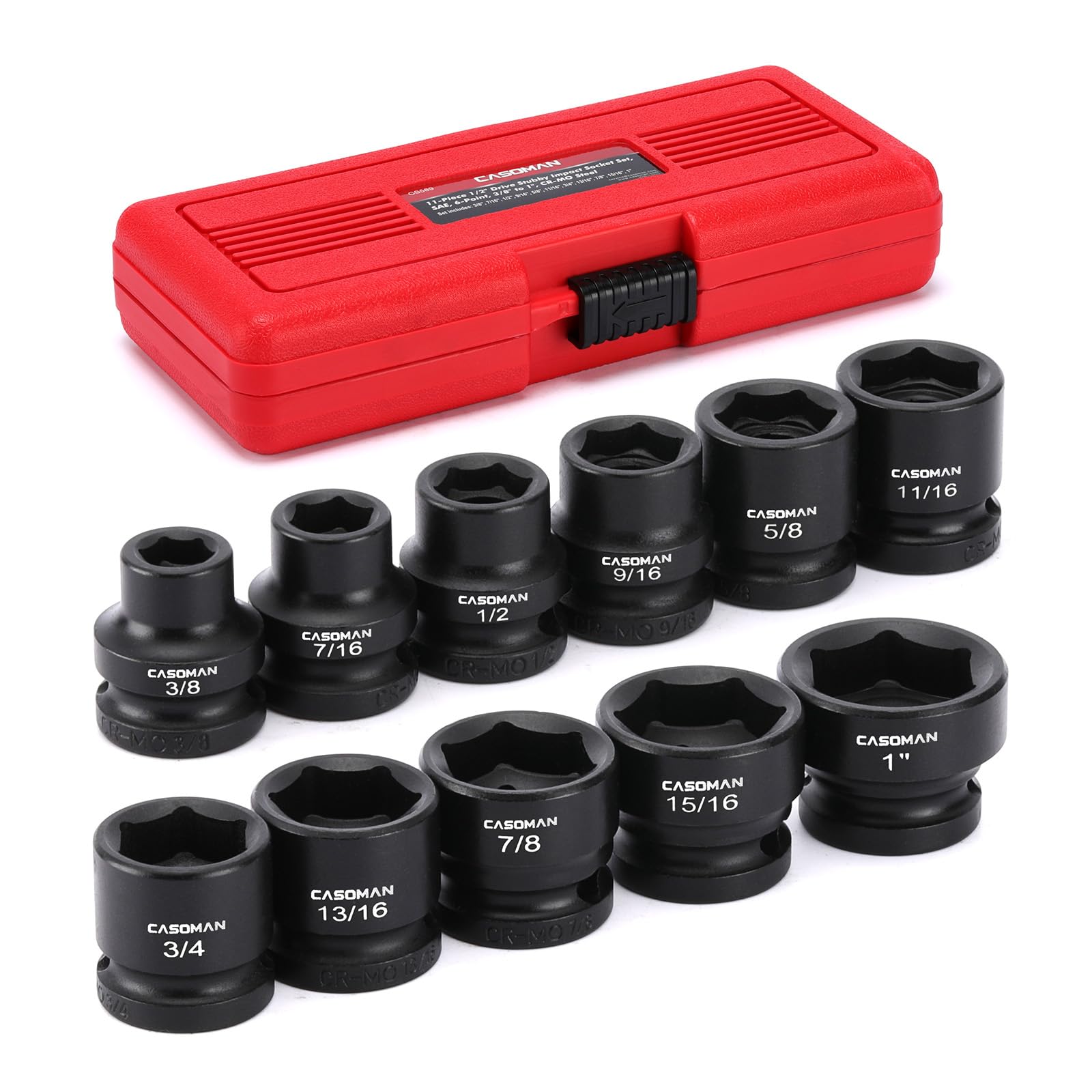 CASOMAN 11PCS 1/2" Drive Stubby Impact Socket Set, Low Profile, 3/8" - 1", SAE, CR-MO, 6-Point, 11 Pieces Shallow Socket Set for Automotive Maintenance, Repairs and DIY, for Tight Areas