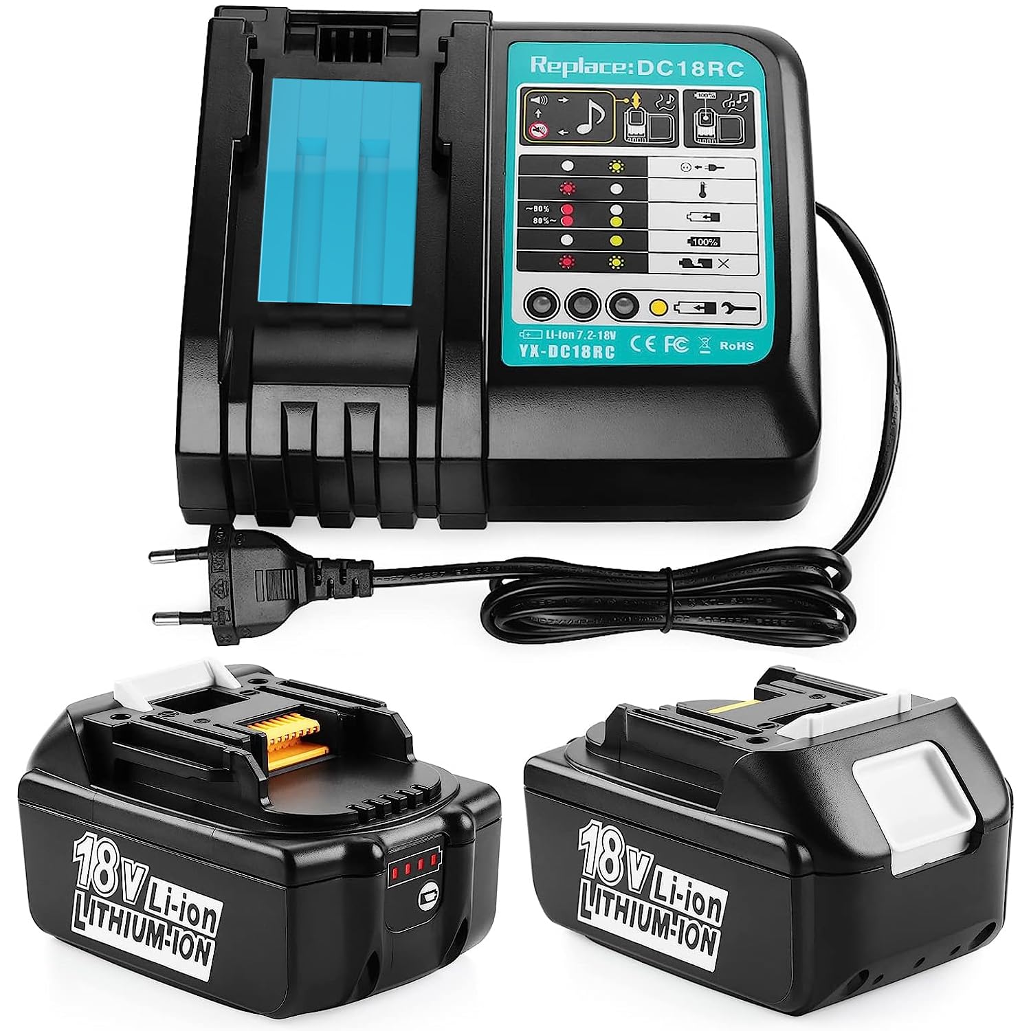 Energup 2pcs 18V 5.0Ah Batterie pour Makita 18V Batterie BL1860 BL1850B BL1850 BL1840 BL1830B BL1820 avec Chargeur DC18RC